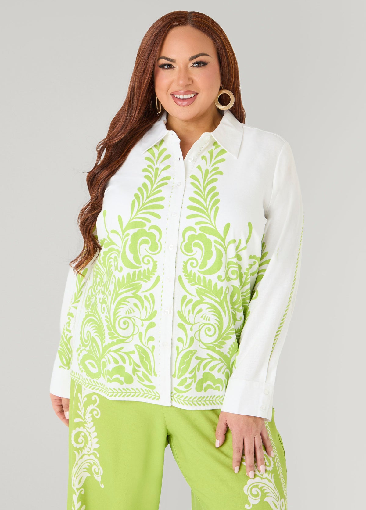 Leaf Print Linen Blend Shirt White | Ashley Stewart