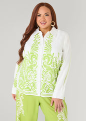 Leaf Print Linen Blend Shirt White | Ashley Stewart