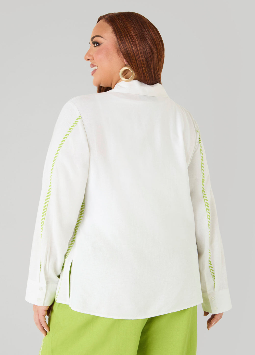 Leaf Print Linen Blend Shirt White | Ashley Stewart