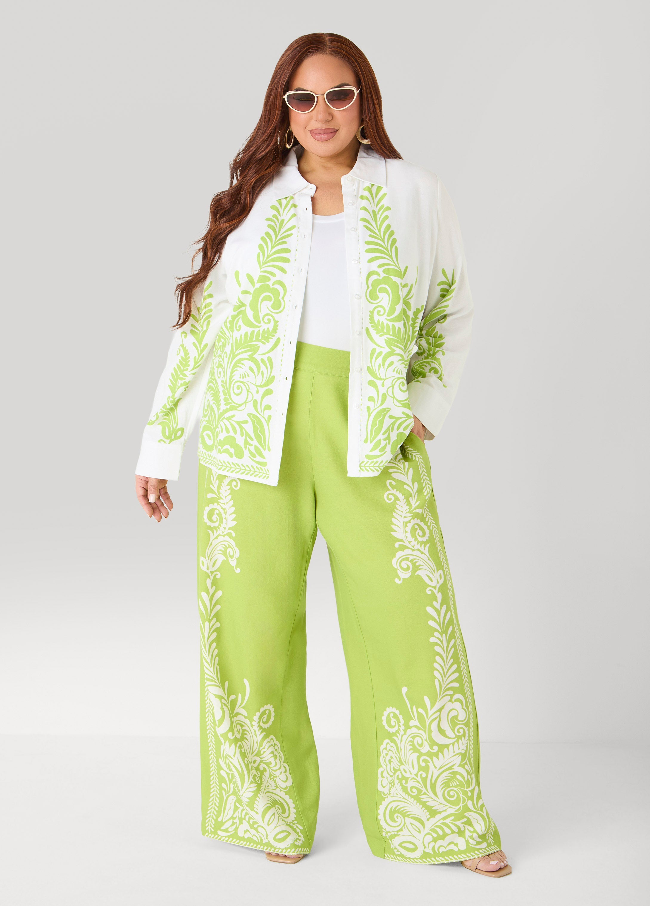 Leaf Print Linen Blend Shirt White | Ashley Stewart