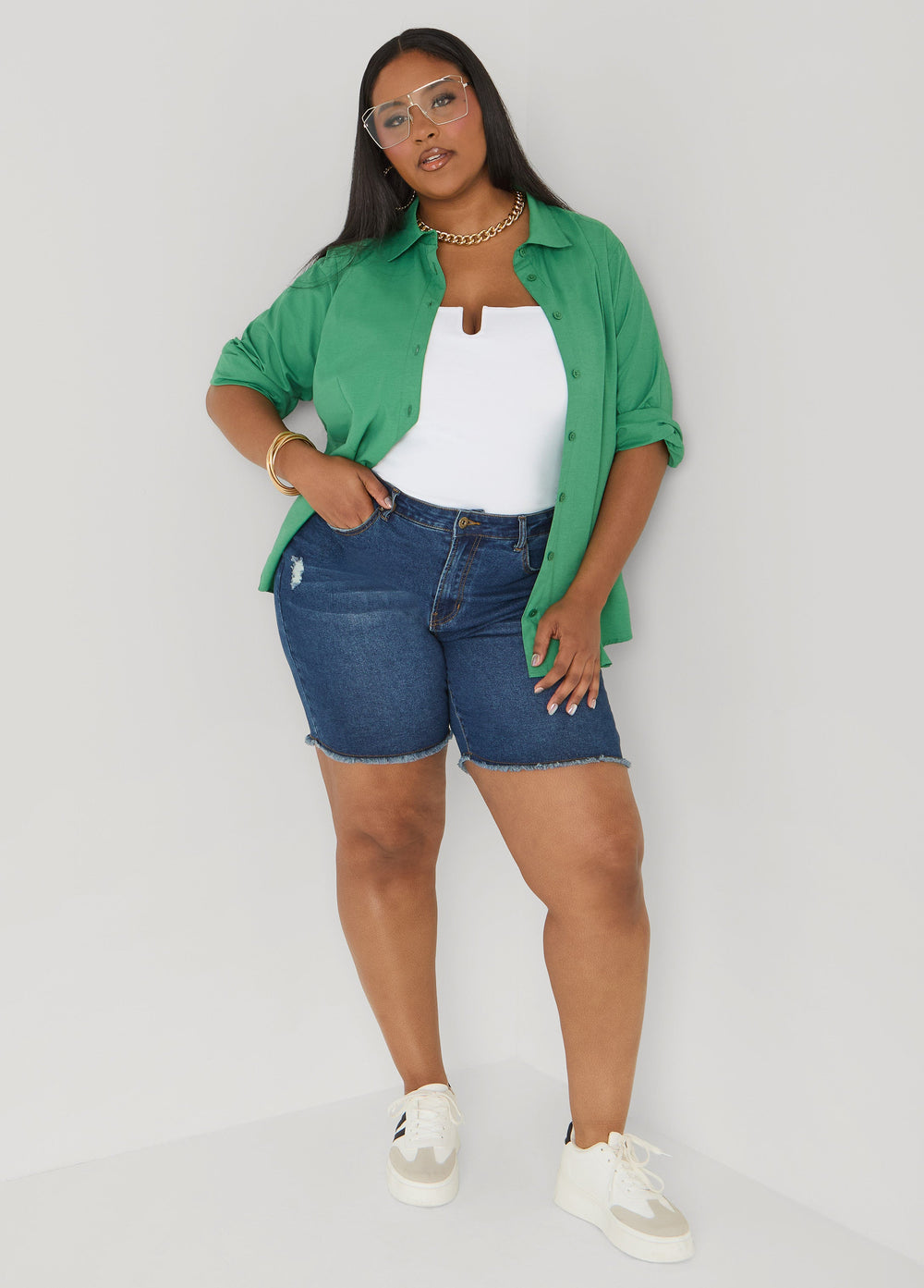 Collared Cotton Blend Shirt Amazon | Ashley Stewart