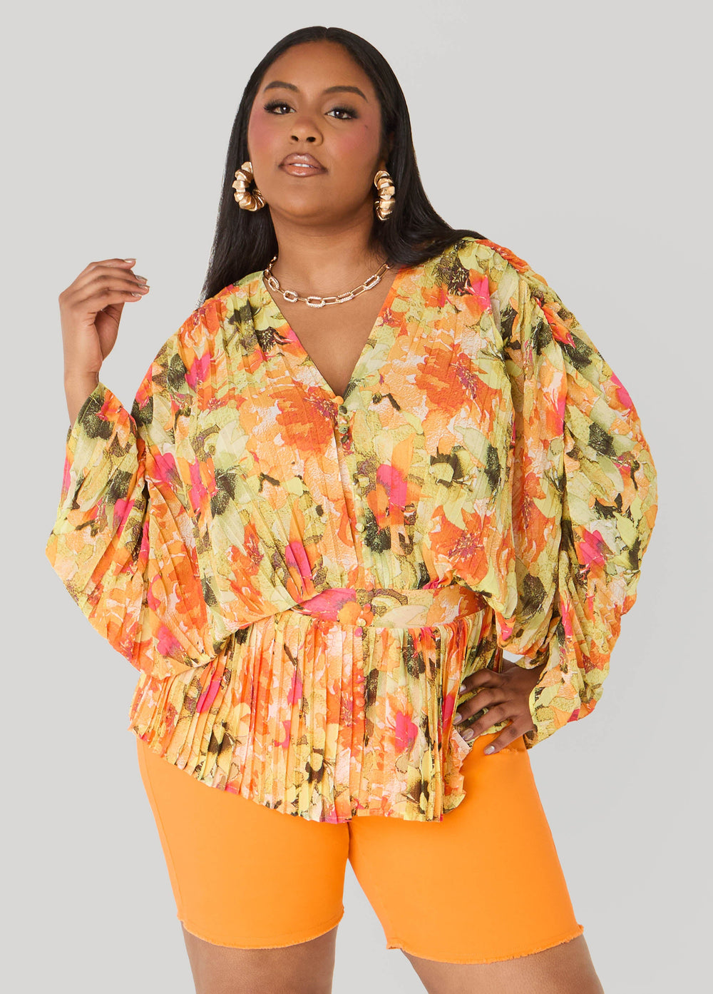 Pleated Floral Print Blouse Yellow | Ashley Stewart