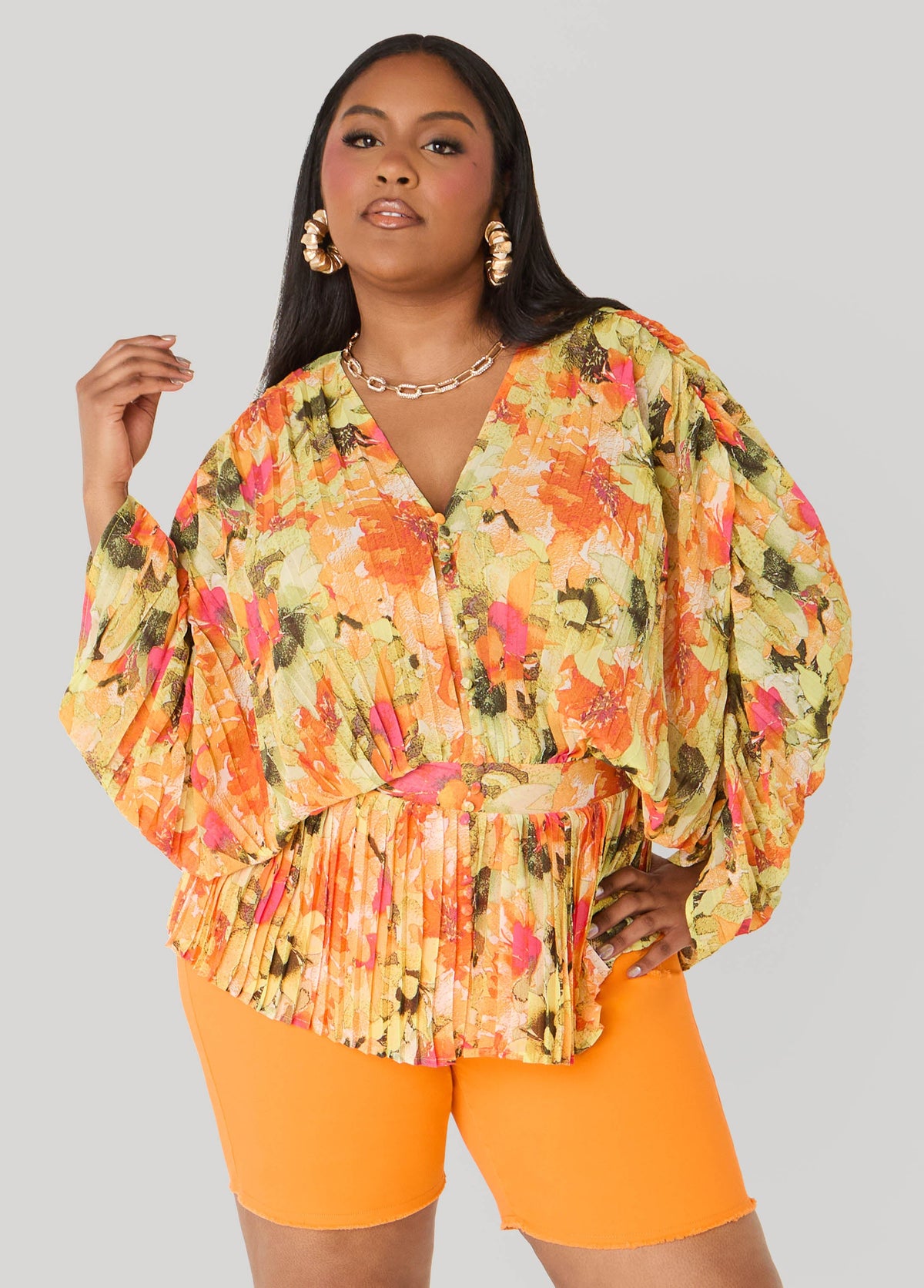 Pleated Floral Print Blouse Yellow | Ashley Stewart