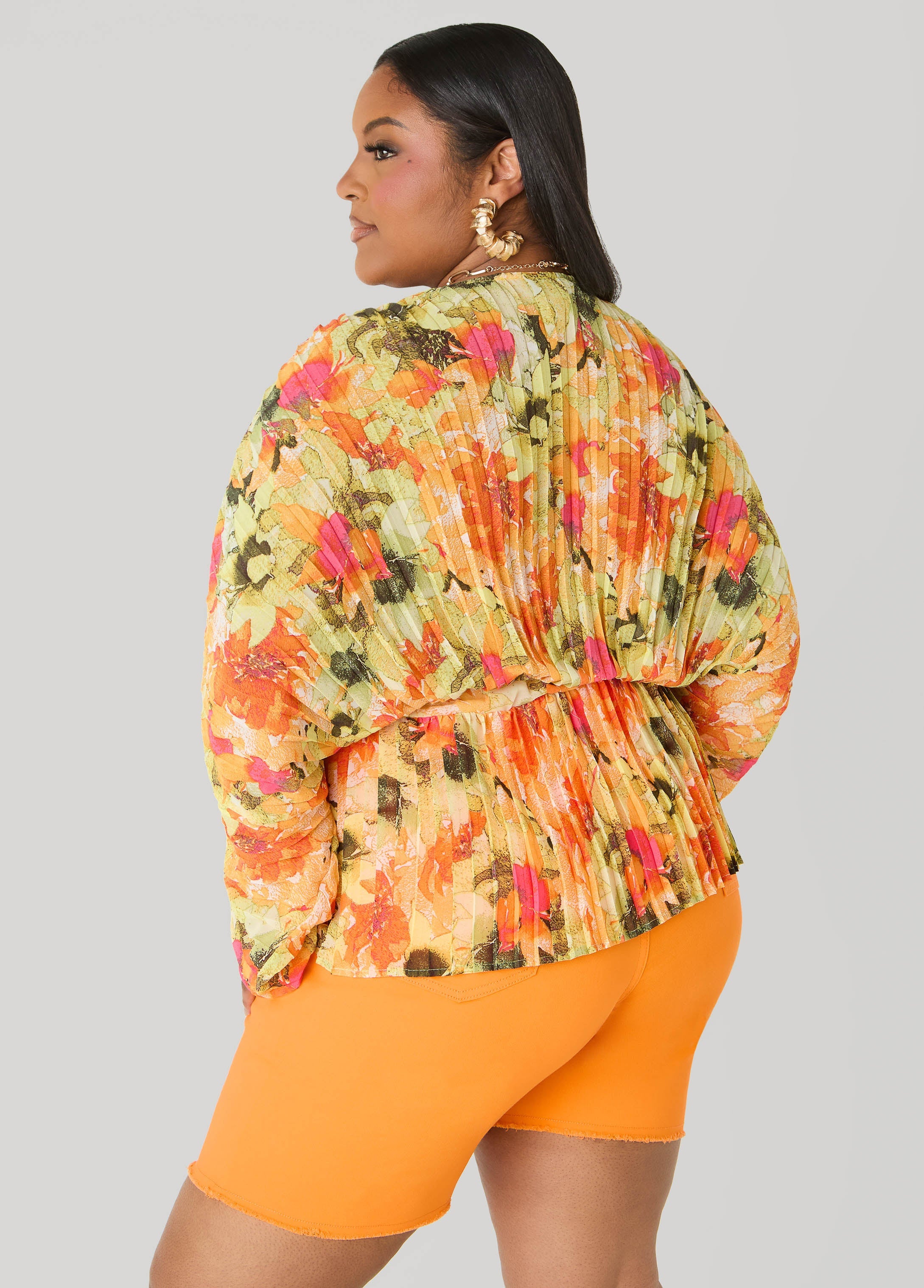 Pleated Floral Print Blouse Yellow | Ashley Stewart
