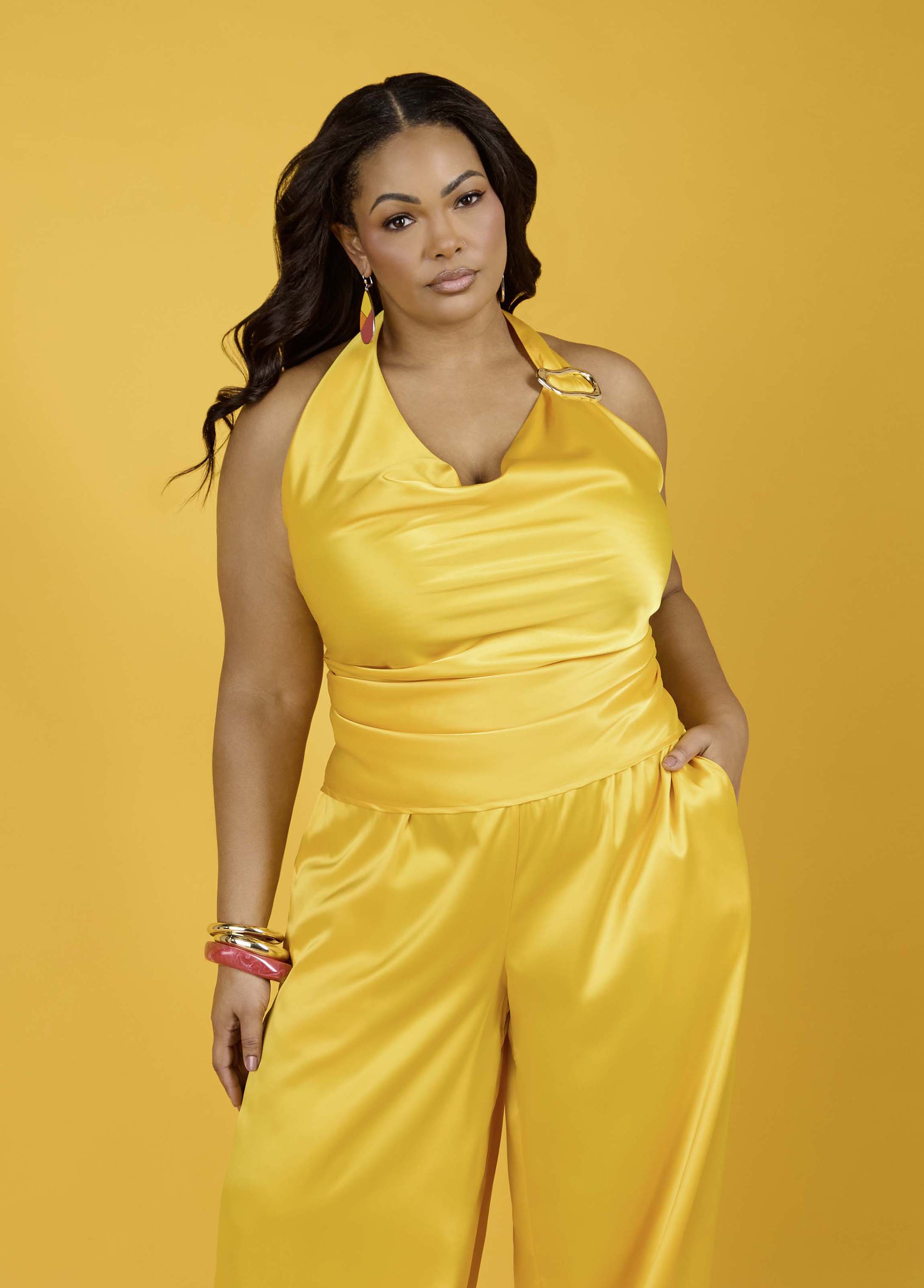 Embellished Satin Halter Top Spectra Yellow | Ashley Stewart