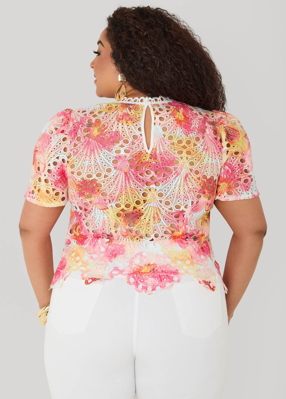 Floral Print Crochet Lace Top Calypso Coral | Ashley Stewart