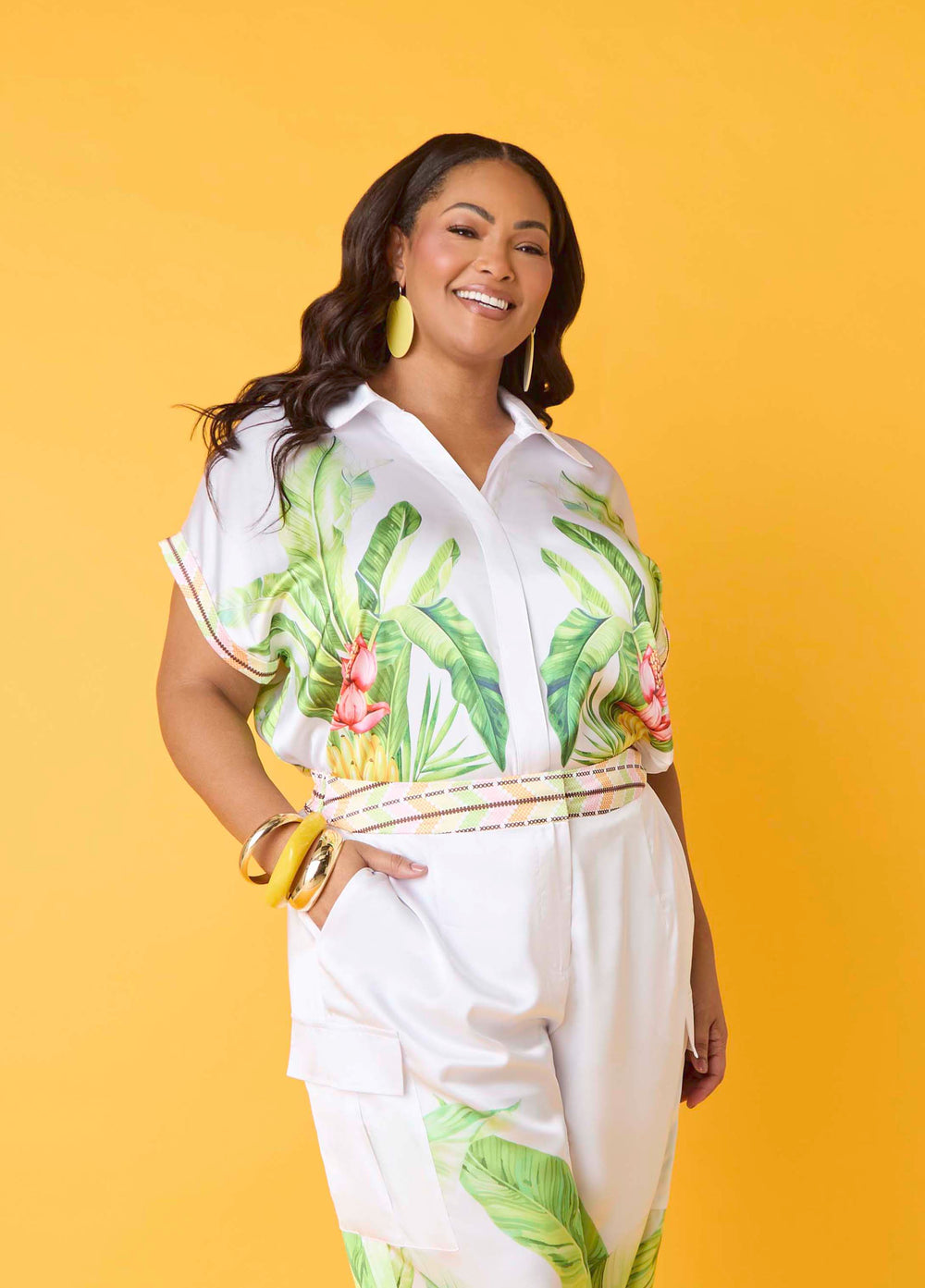 Palm Print Bubble Crop Top White | Ashley Stewart