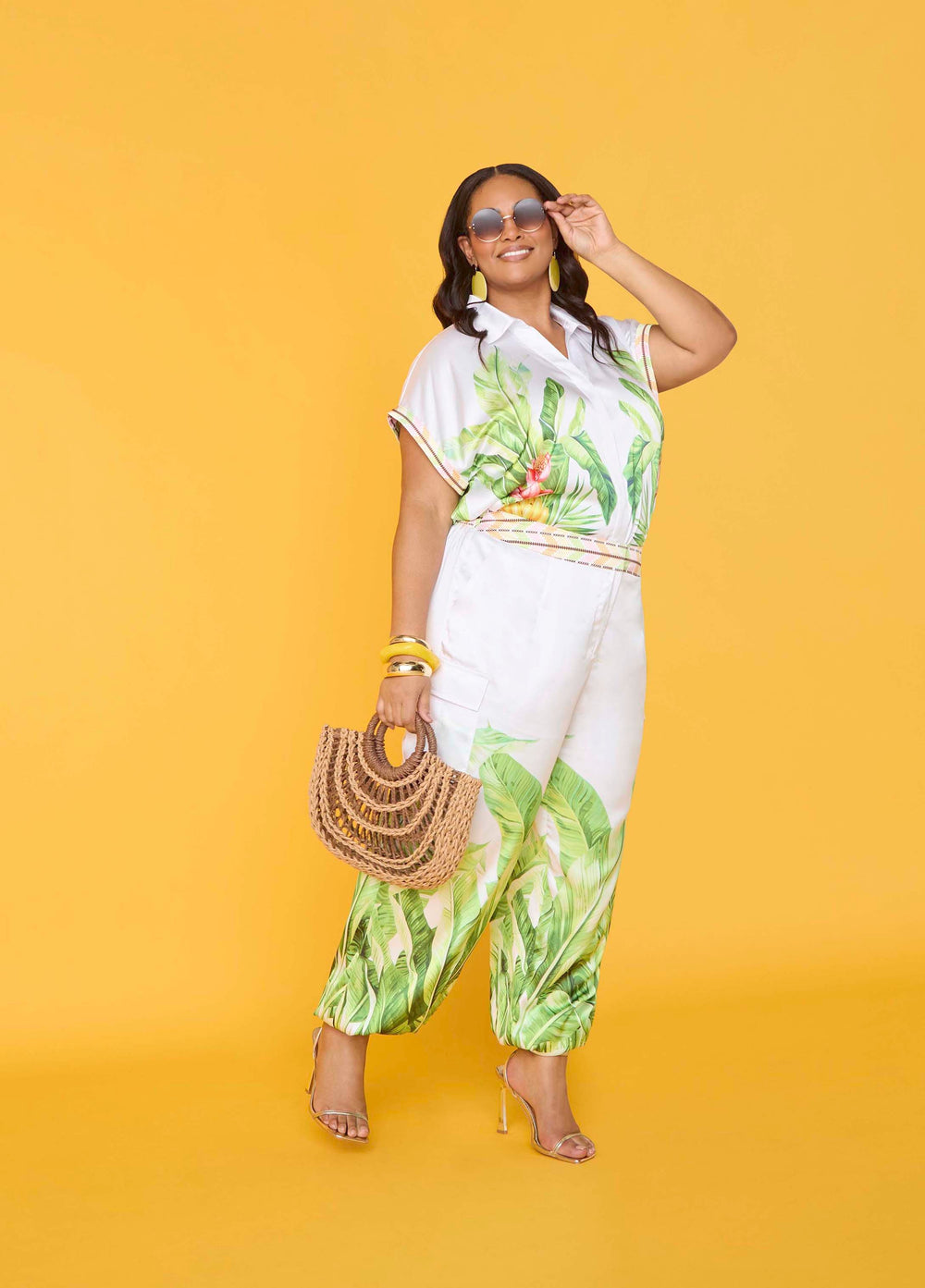Palm Print Bubble Crop Top White | Ashley Stewart