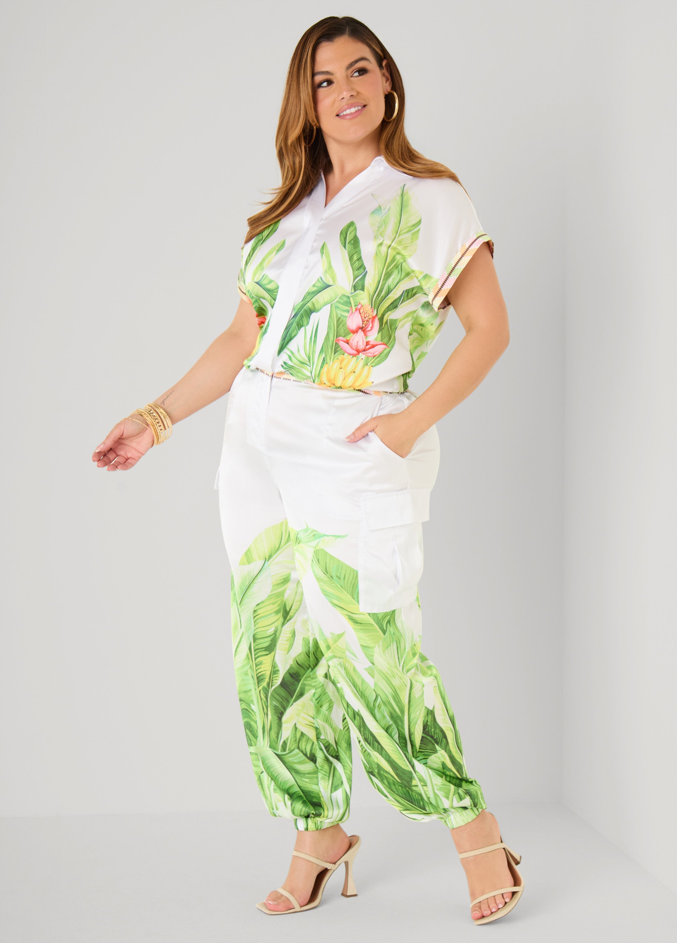 Palm Print Bubble Crop Top White | Ashley Stewart