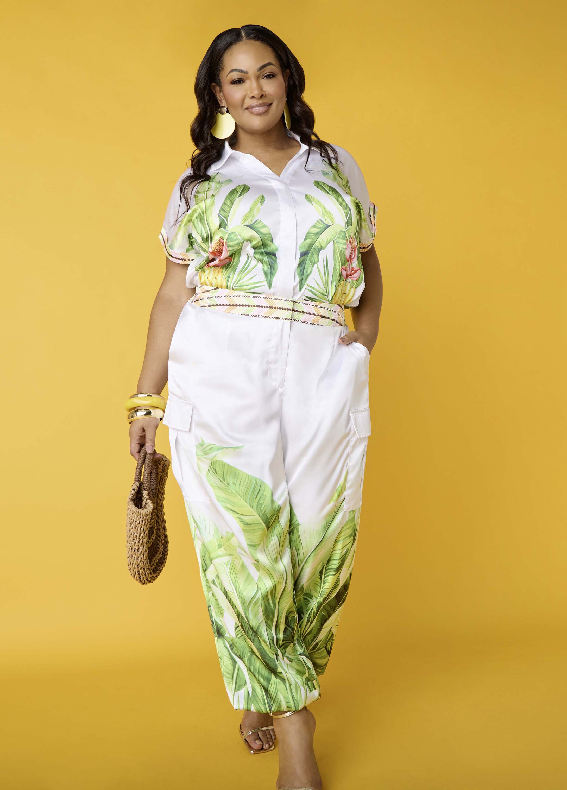 Palm Print Bubble Crop Top White | Ashley Stewart