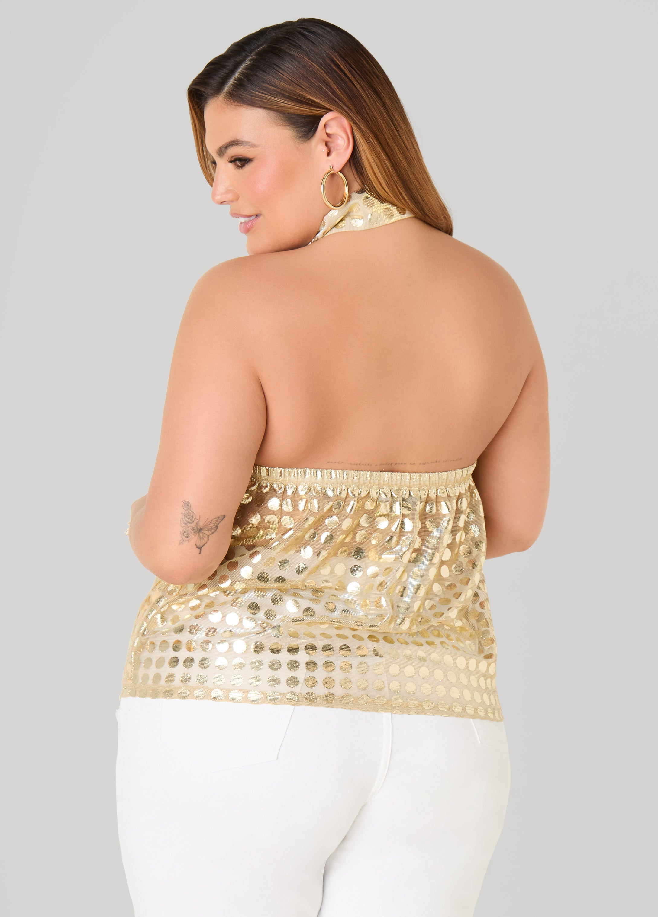 Tie Neck Polka Dot Halter Top Gold | Ashley Stewart