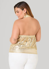 Tie Neck Polka Dot Halter Top Gold | Ashley Stewart