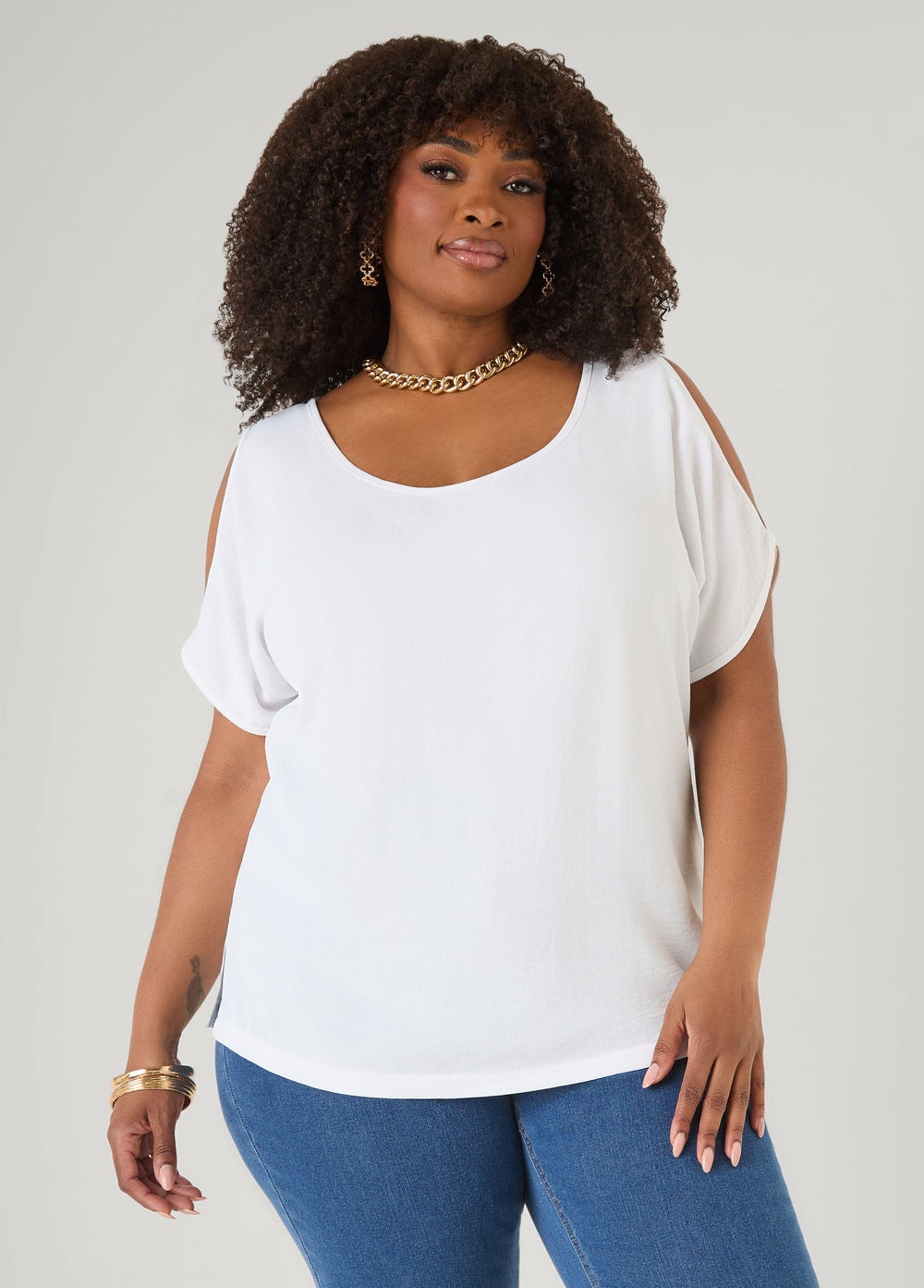 Textured Cold Shoulder Top Denim | Ashley Stewart