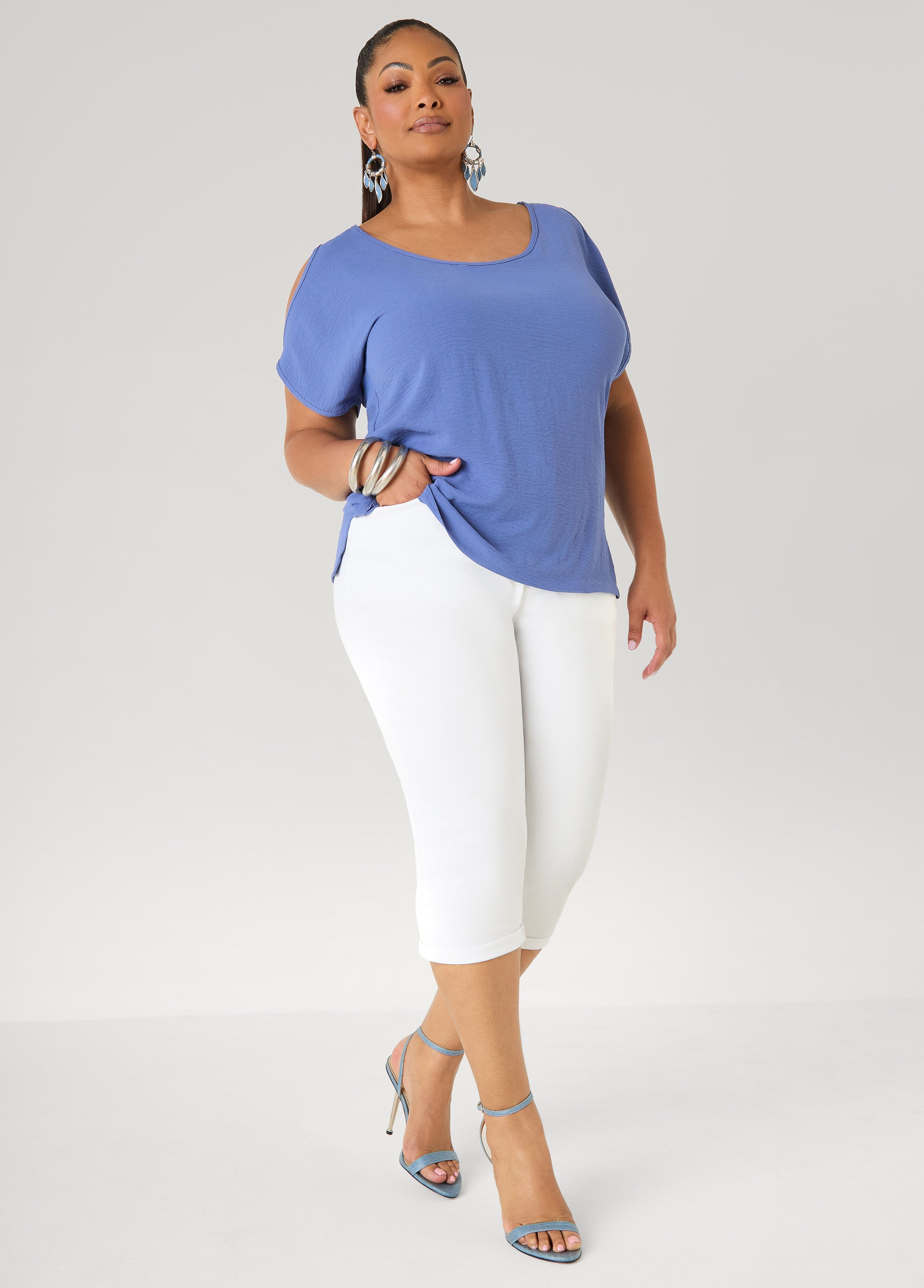 Textured Cold Shoulder Top Denim | Ashley Stewart