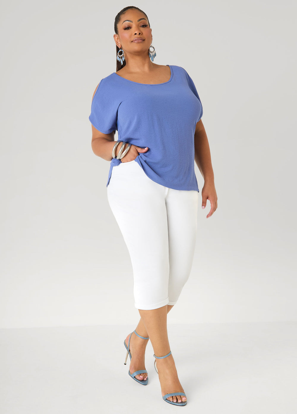 Textured Cold Shoulder Top Denim | Ashley Stewart