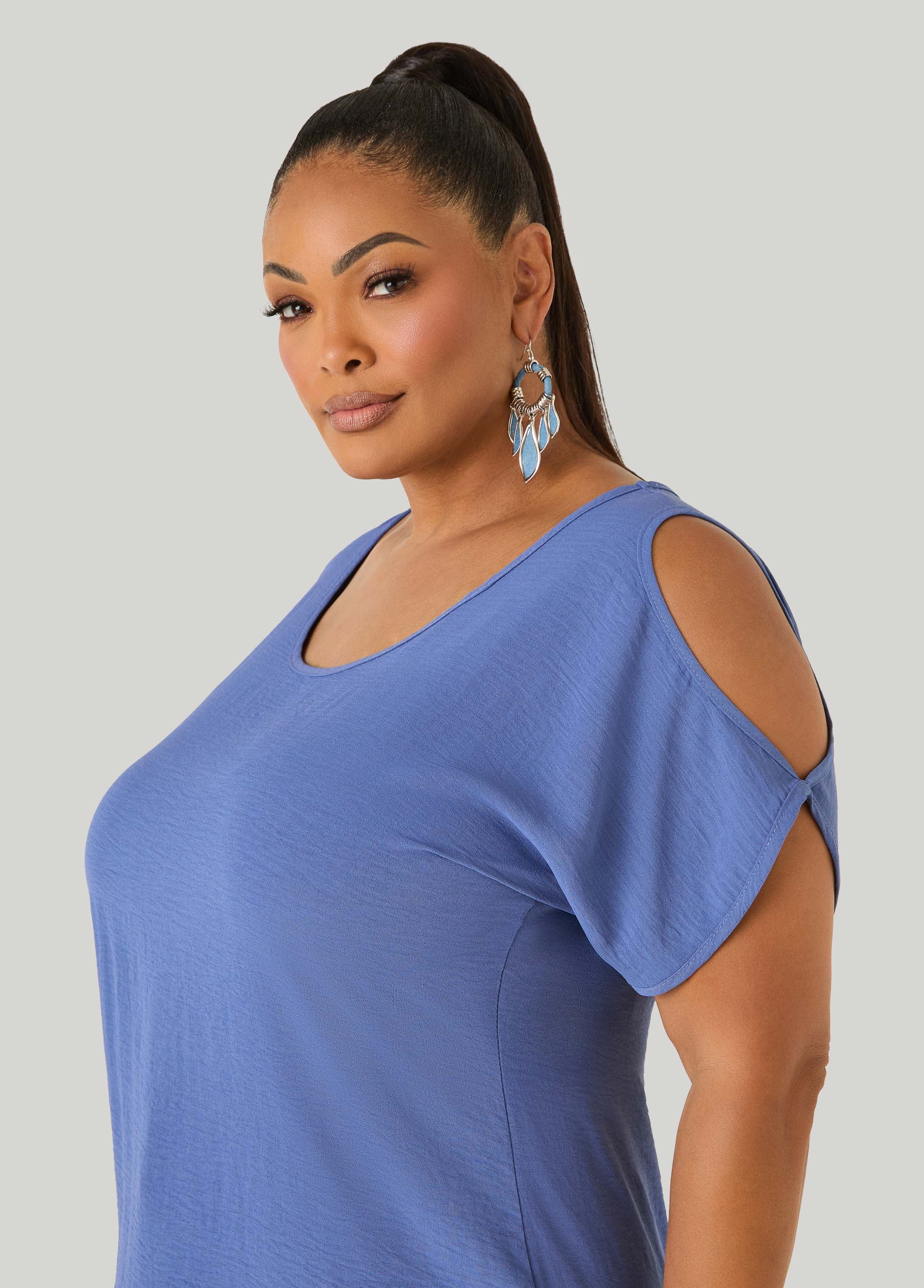 Textured Cold Shoulder Top Denim | Ashley Stewart