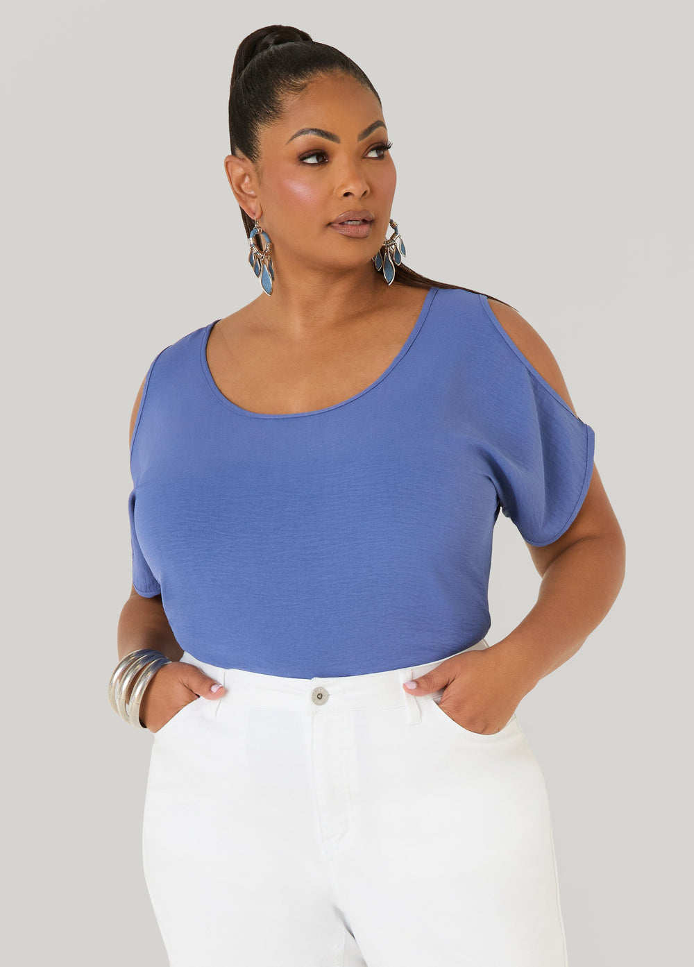 Textured Cold Shoulder Top Denim | Ashley Stewart
