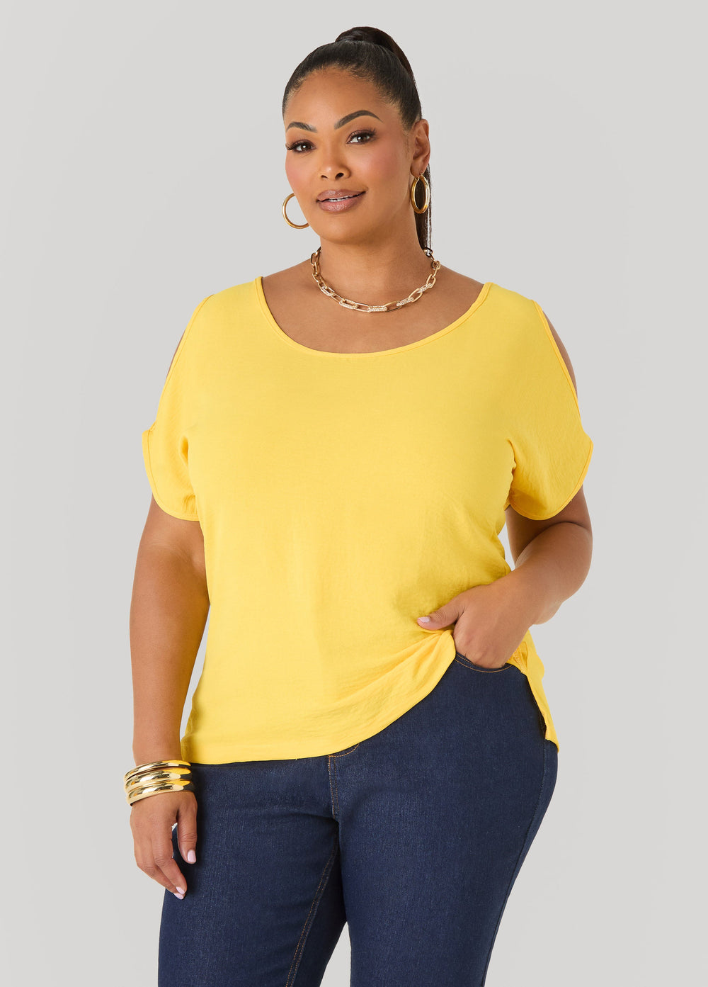 Textured Cold Shoulder Top Denim | Ashley Stewart