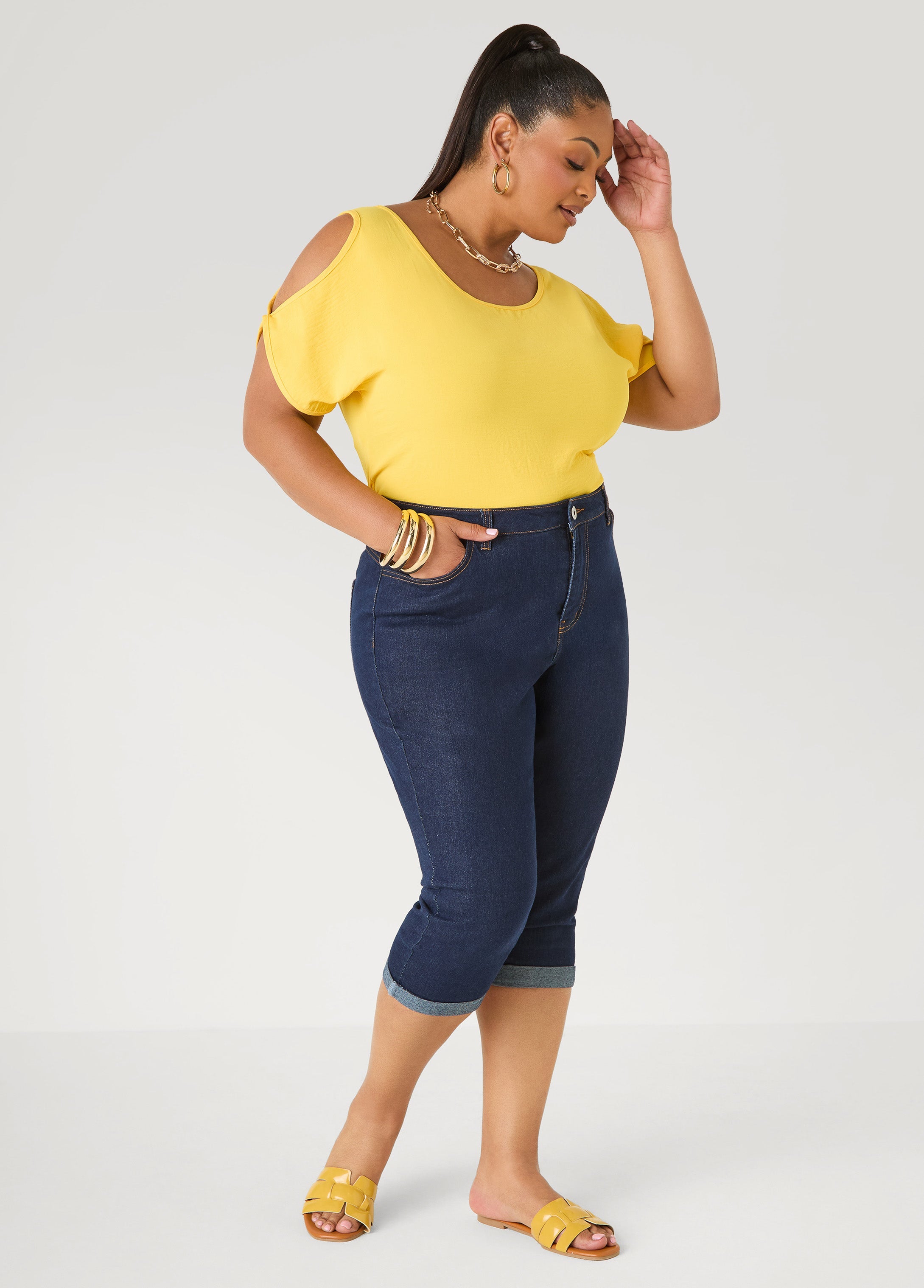 Textured Cold Shoulder Top Denim | Ashley Stewart