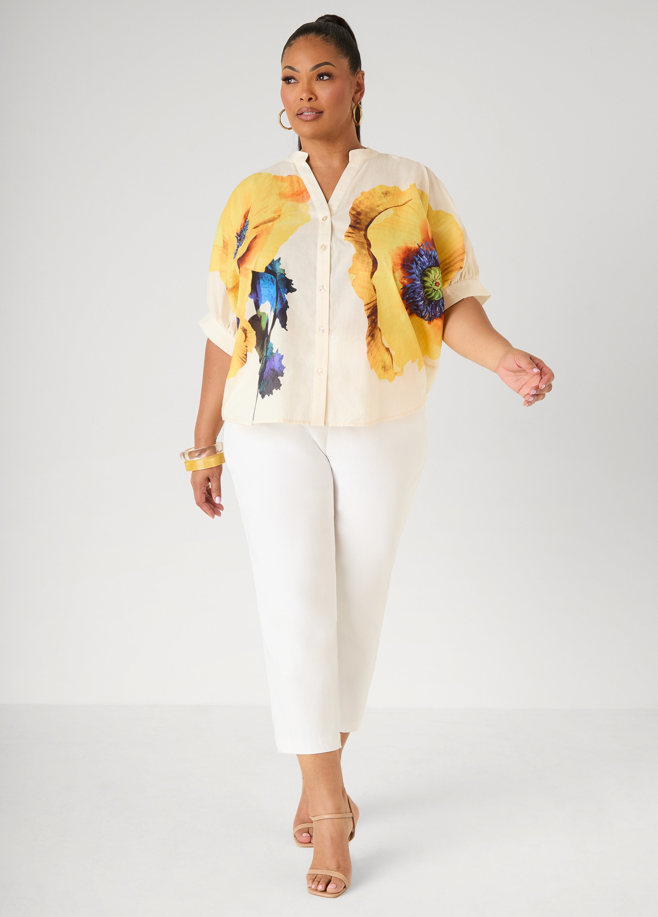 Floral Print Cotton Shirt White | Ashley Stewart