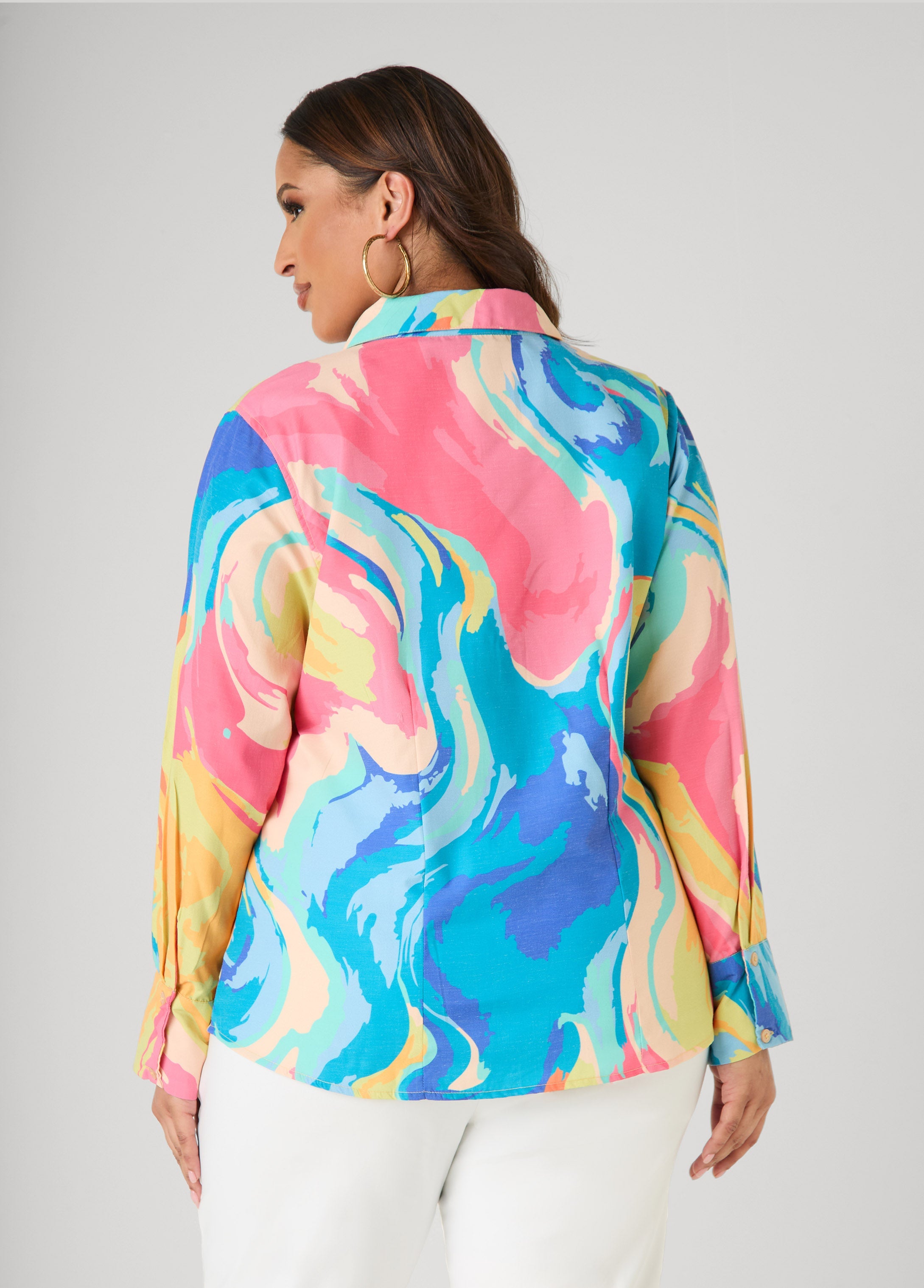 Watercolor Print Collared Shirt Multi | Ashley Stewart
