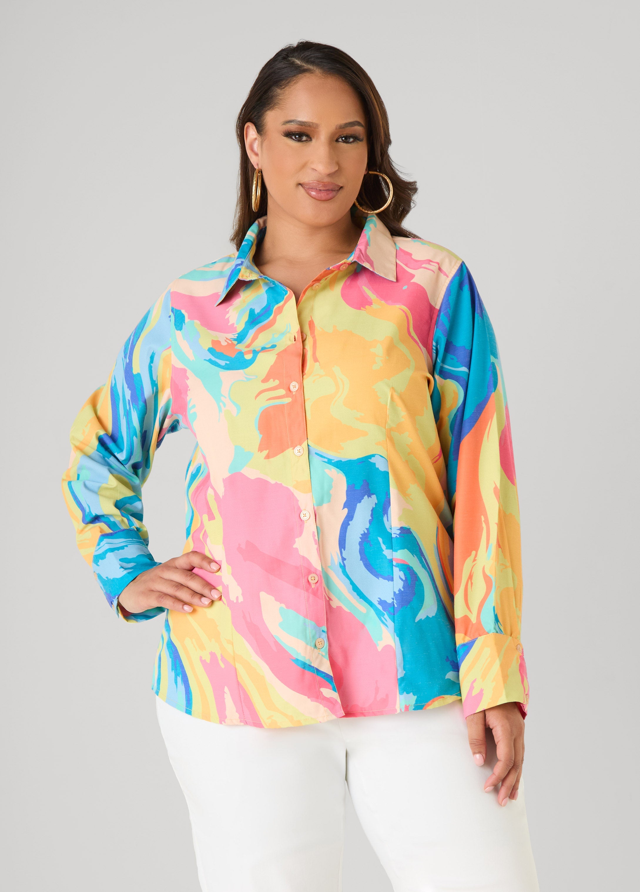 Watercolor Print Collared Shirt Multi | Ashley Stewart