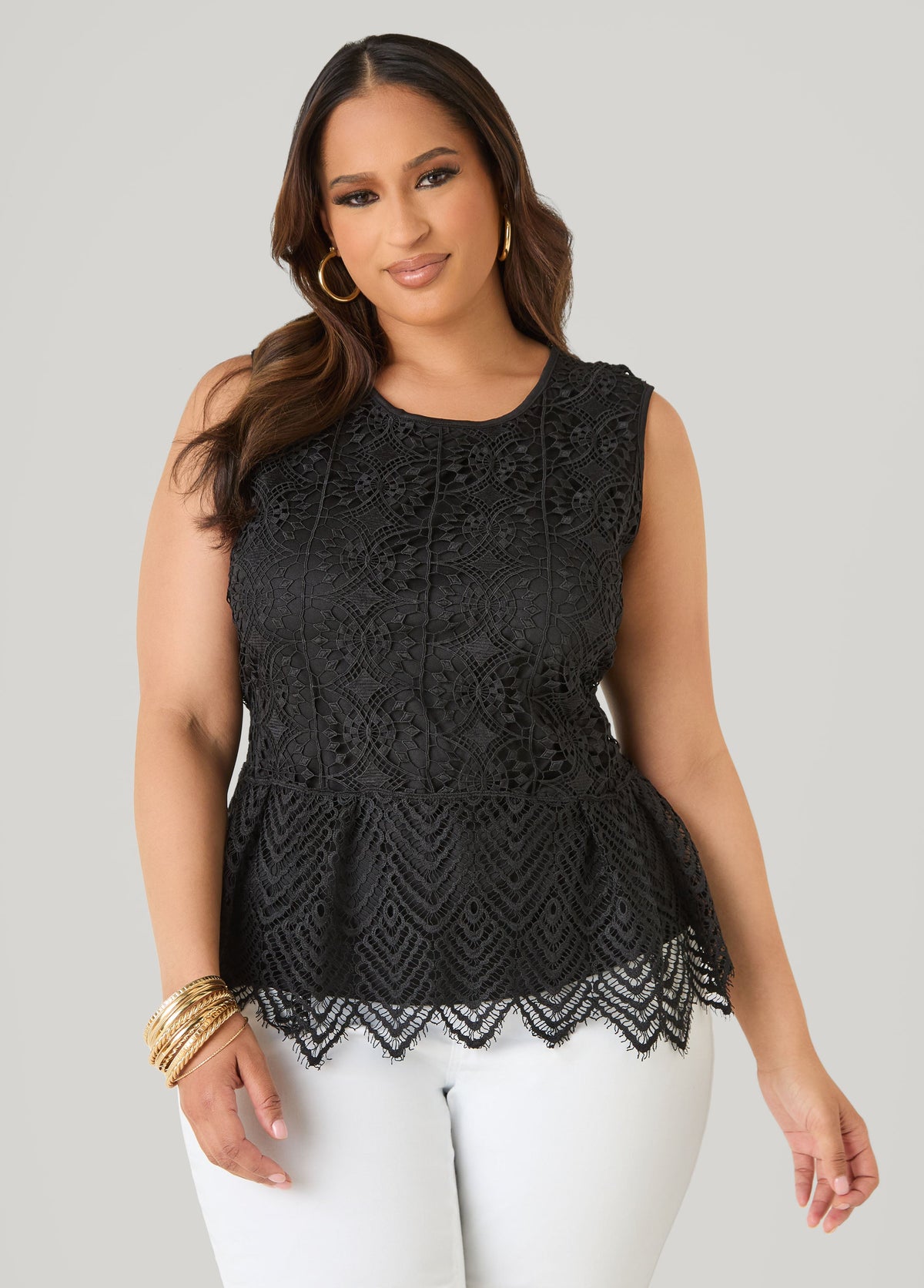 Guipure Lace Peplum Top Black | Ashley Stewart