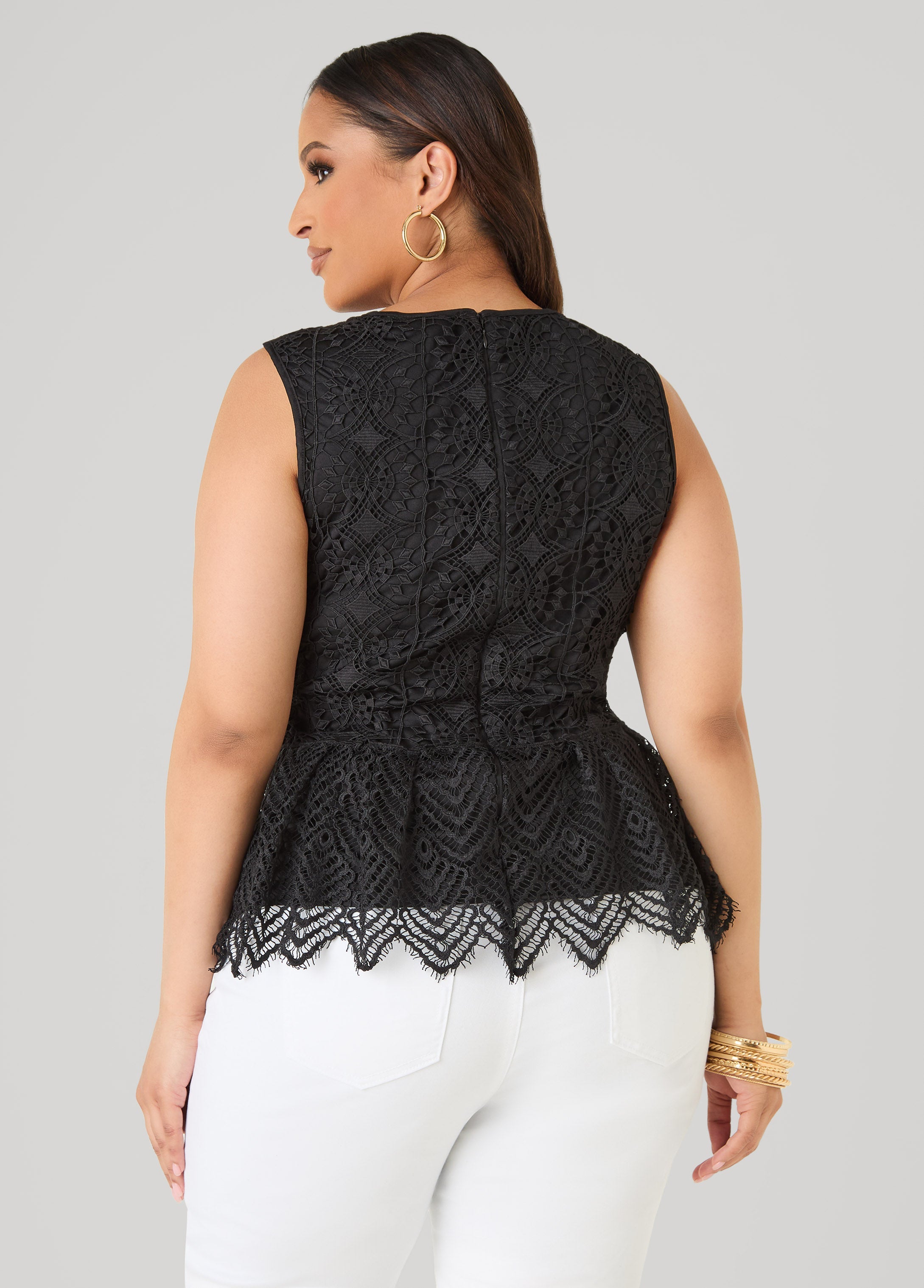 Guipure Lace Peplum Top Black | Ashley Stewart