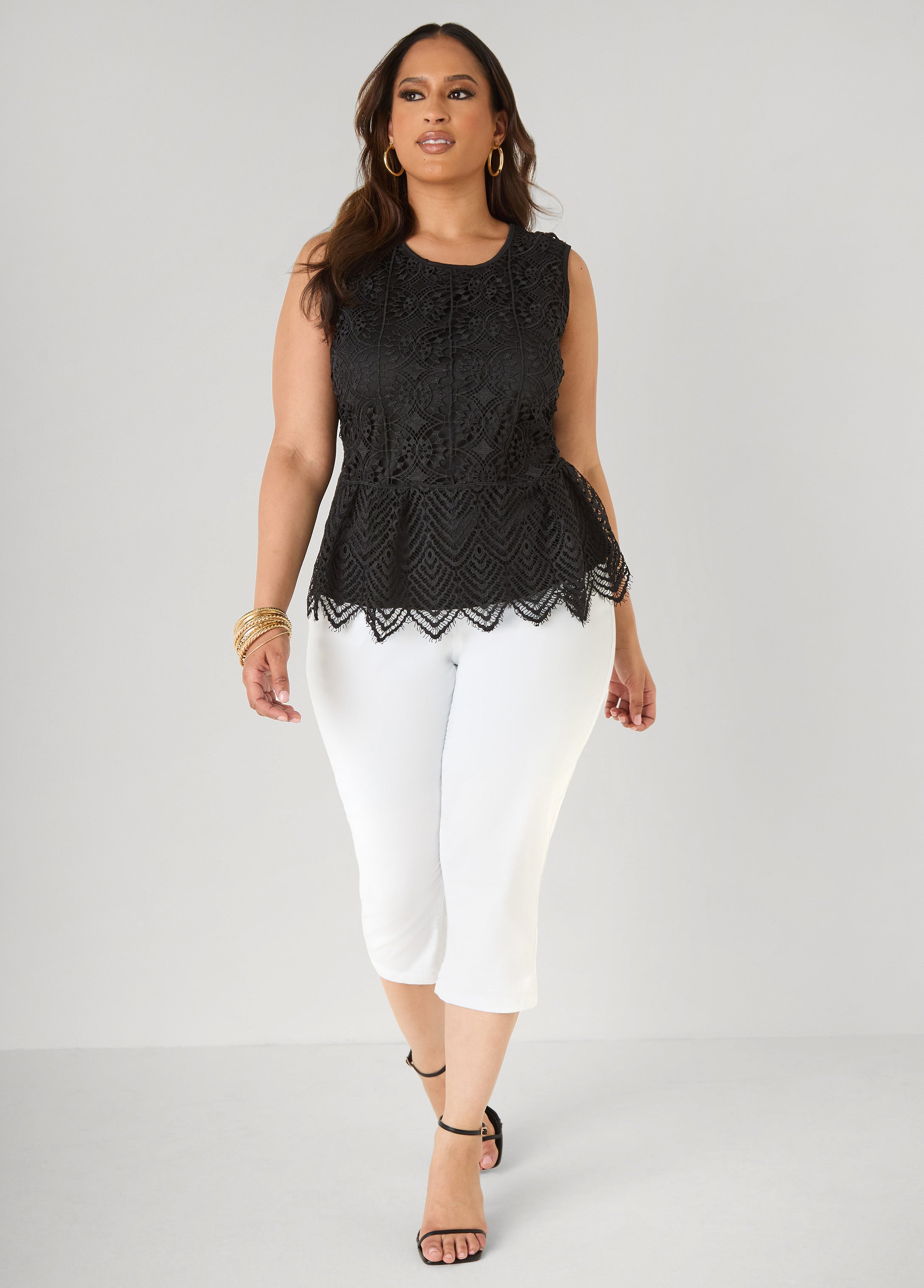 Guipure Lace Peplum Top Black | Ashley Stewart