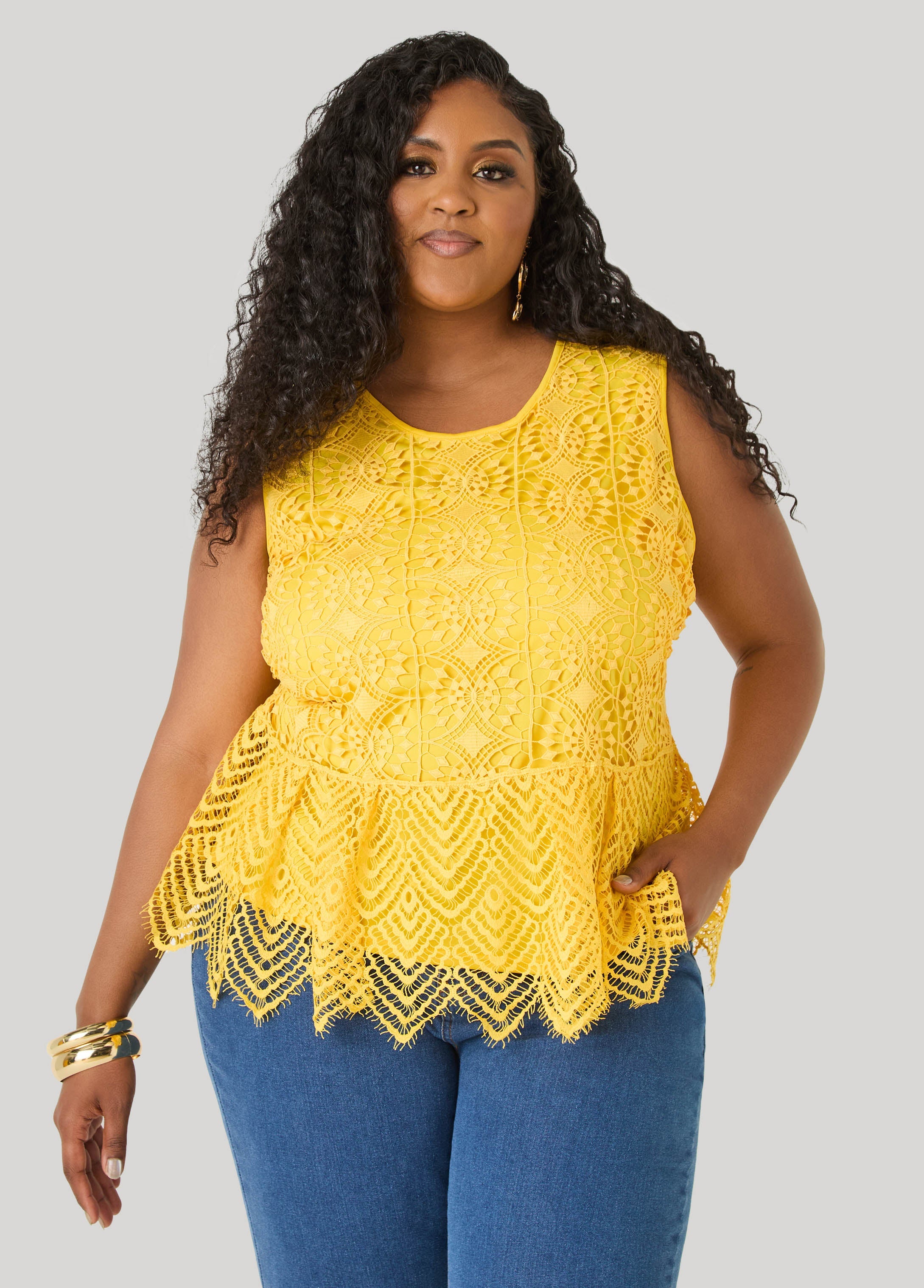 Guipure Lace Peplum Top Black | Ashley Stewart