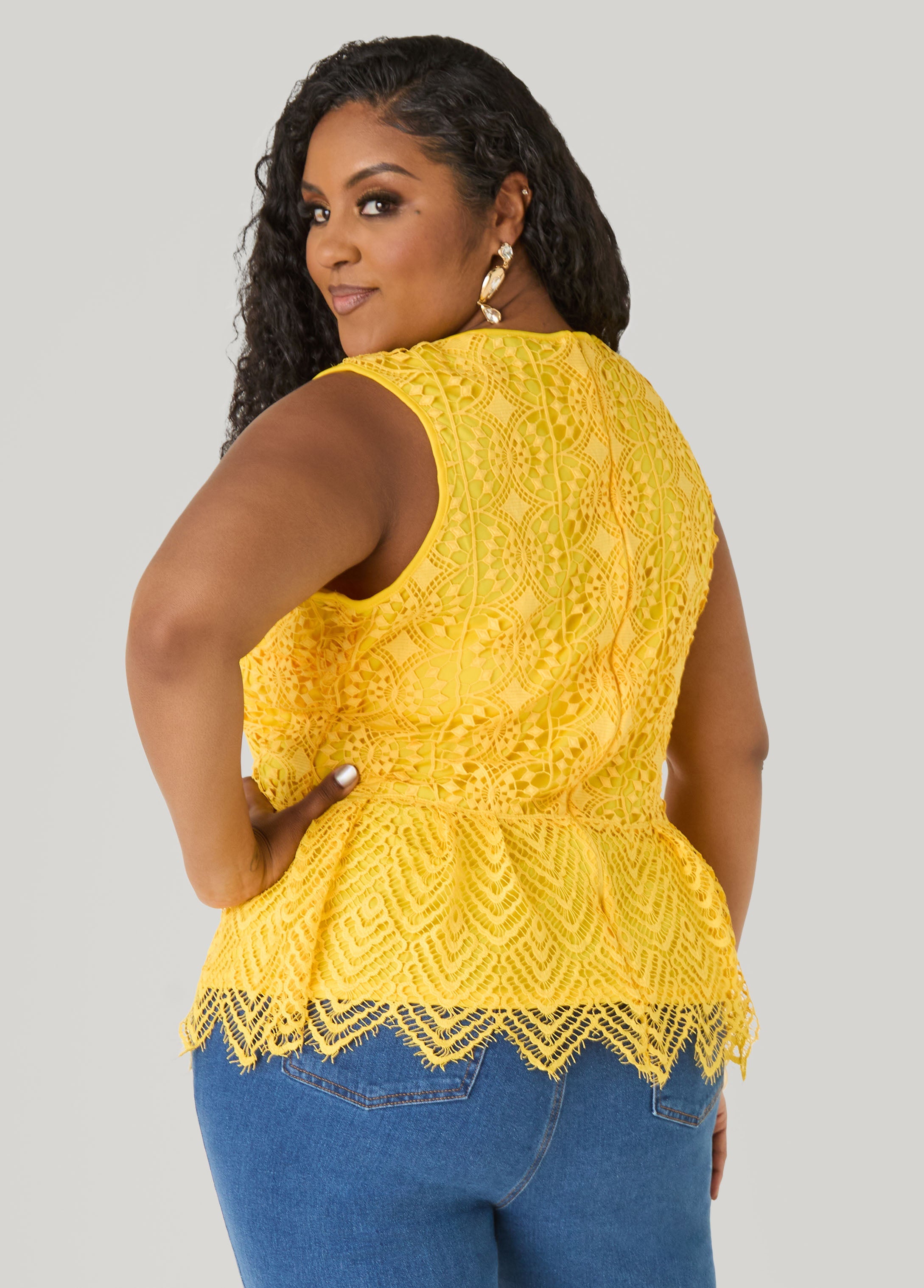 Guipure Lace Peplum Top Black | Ashley Stewart