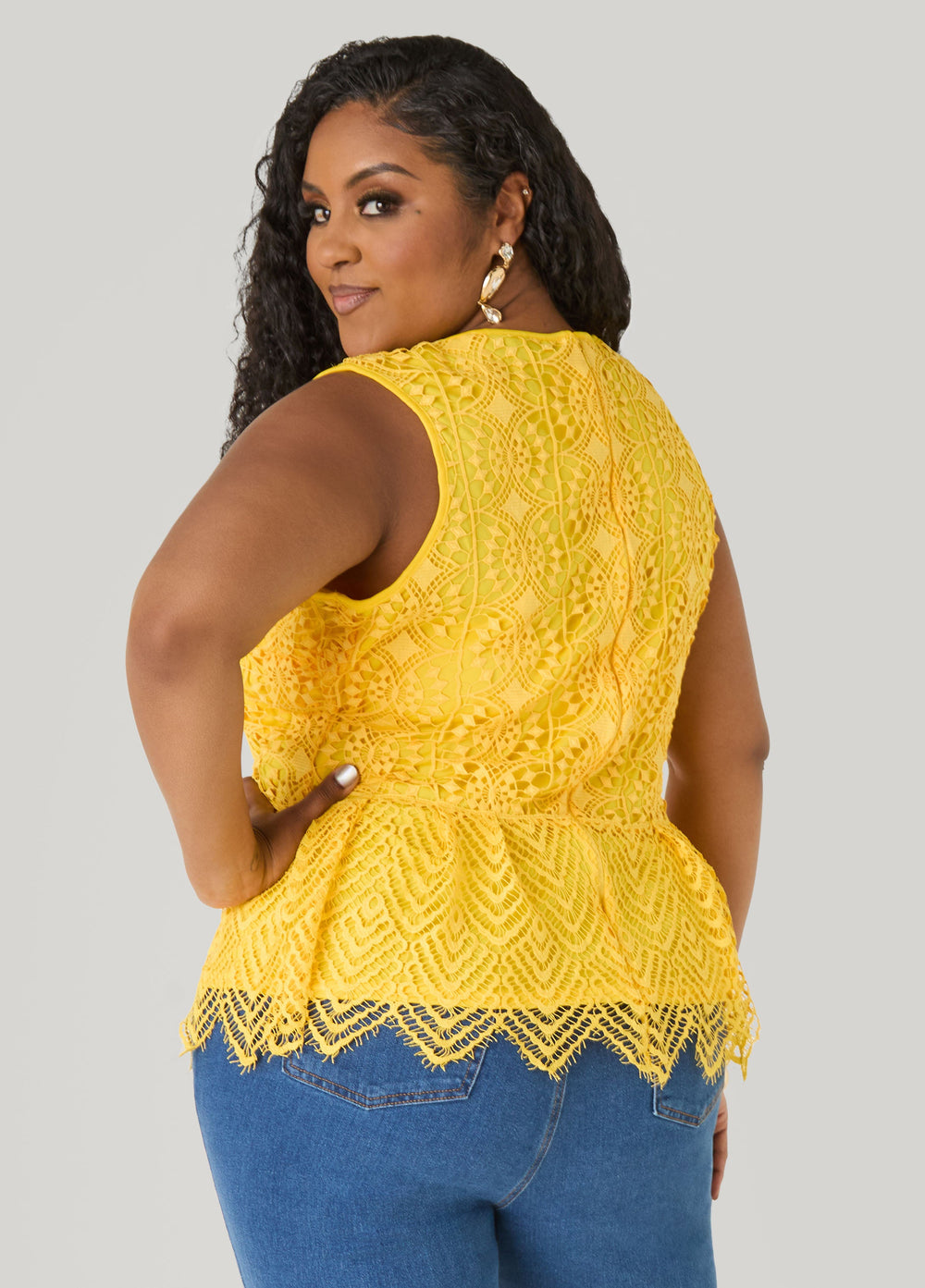 Guipure Lace Peplum Top Black | Ashley Stewart
