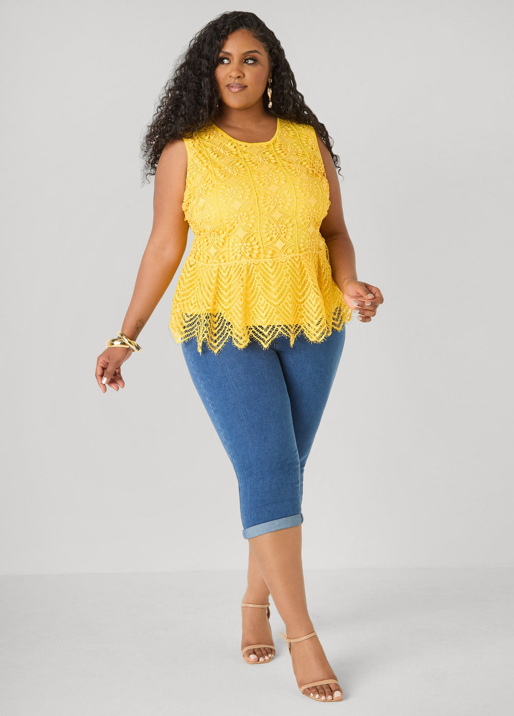 Guipure Lace Peplum Top Black | Ashley Stewart