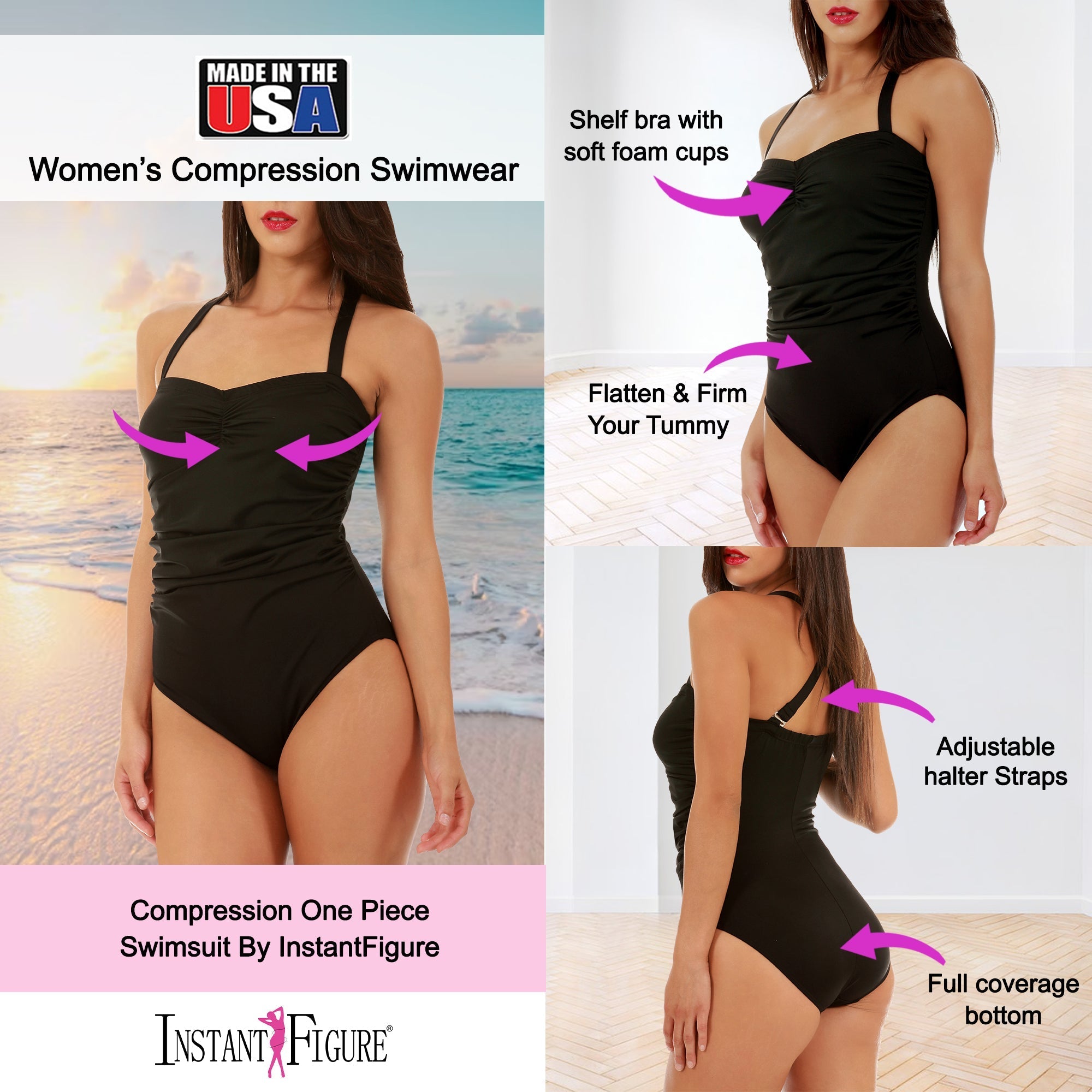 InstantFigure Halter Swimsuit Black | Ashley Stewart