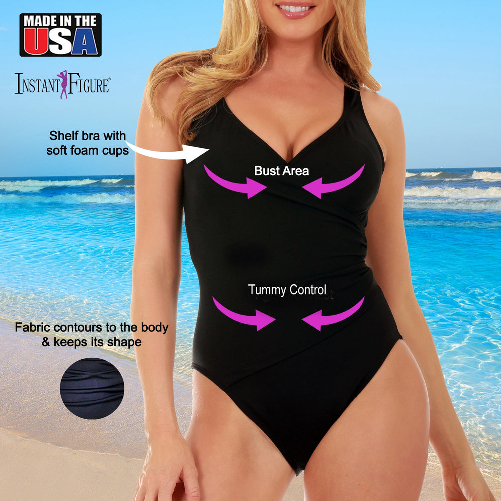 InstantFigure Faux Wrap Swimsuit Black | Ashley Stewart