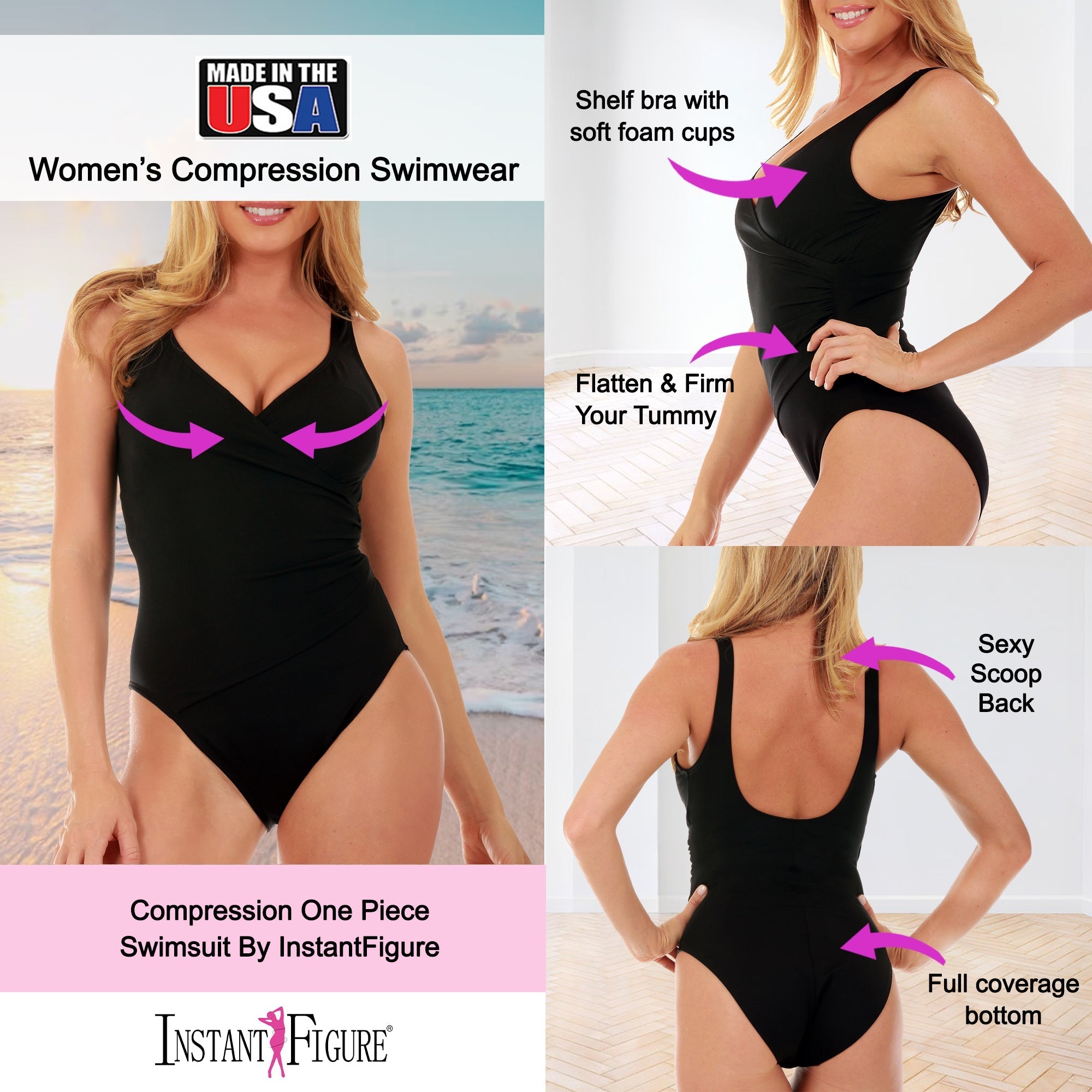 InstantFigure Faux Wrap Swimsuit Black | Ashley Stewart