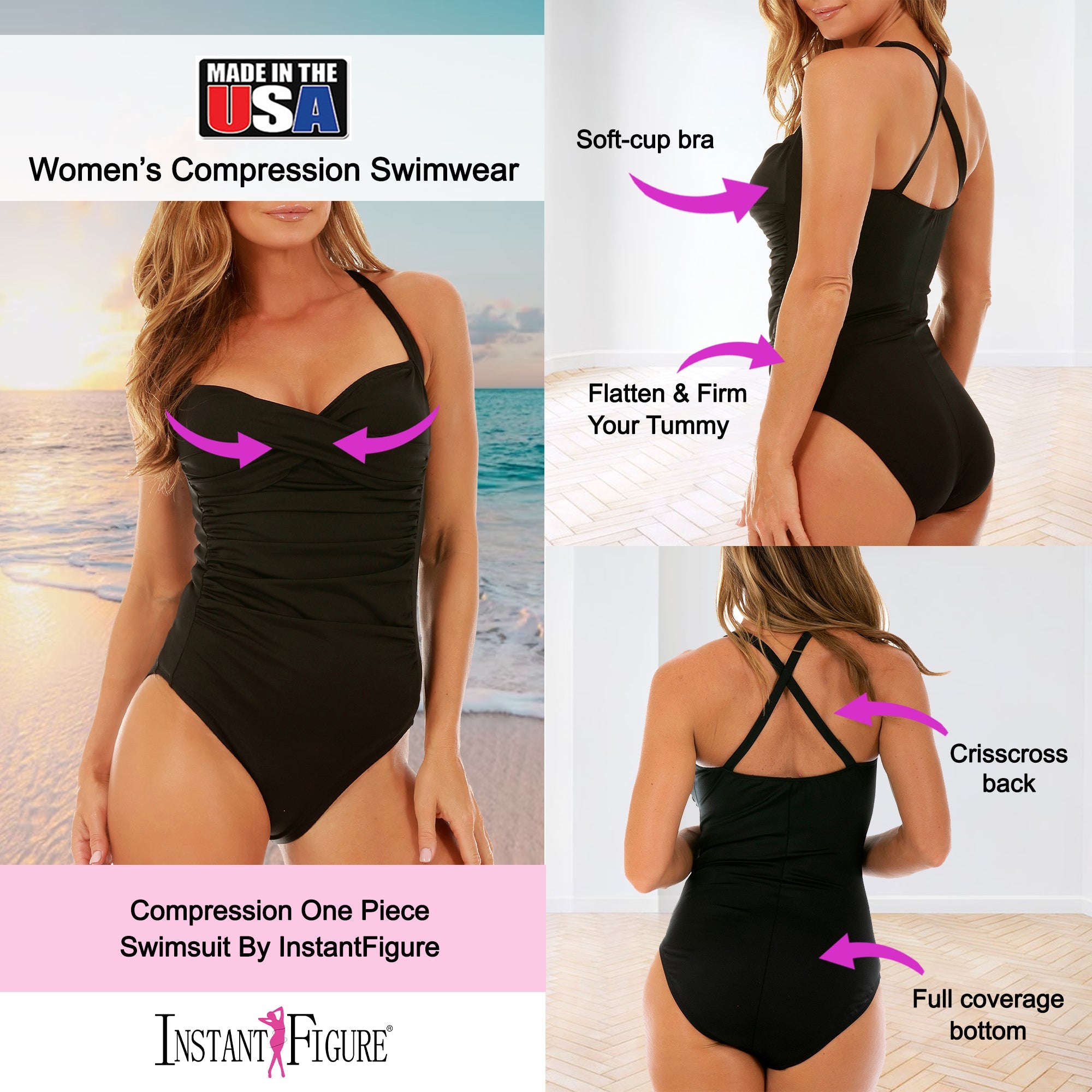 InstantFigure Shirred Twist Front Swimsuit Black | Ashley Stewart
