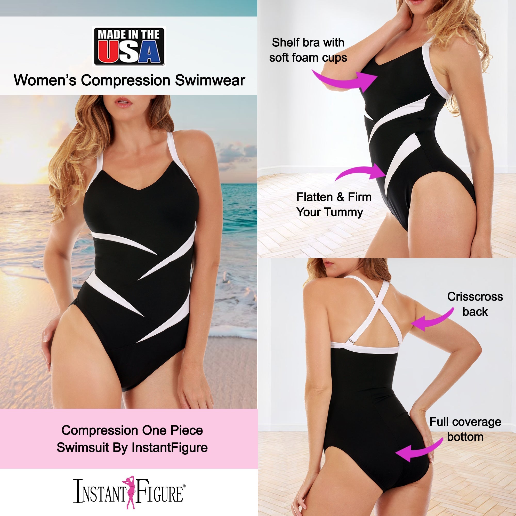 InstantFigure Two Tone Swimsuit Black/White | Ashley Stewart