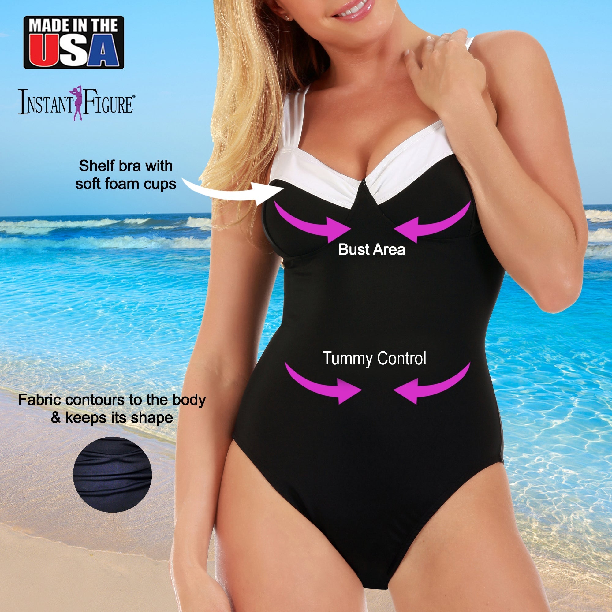 InstantFigure Knotted Swimsuit Black/White | Ashley Stewart