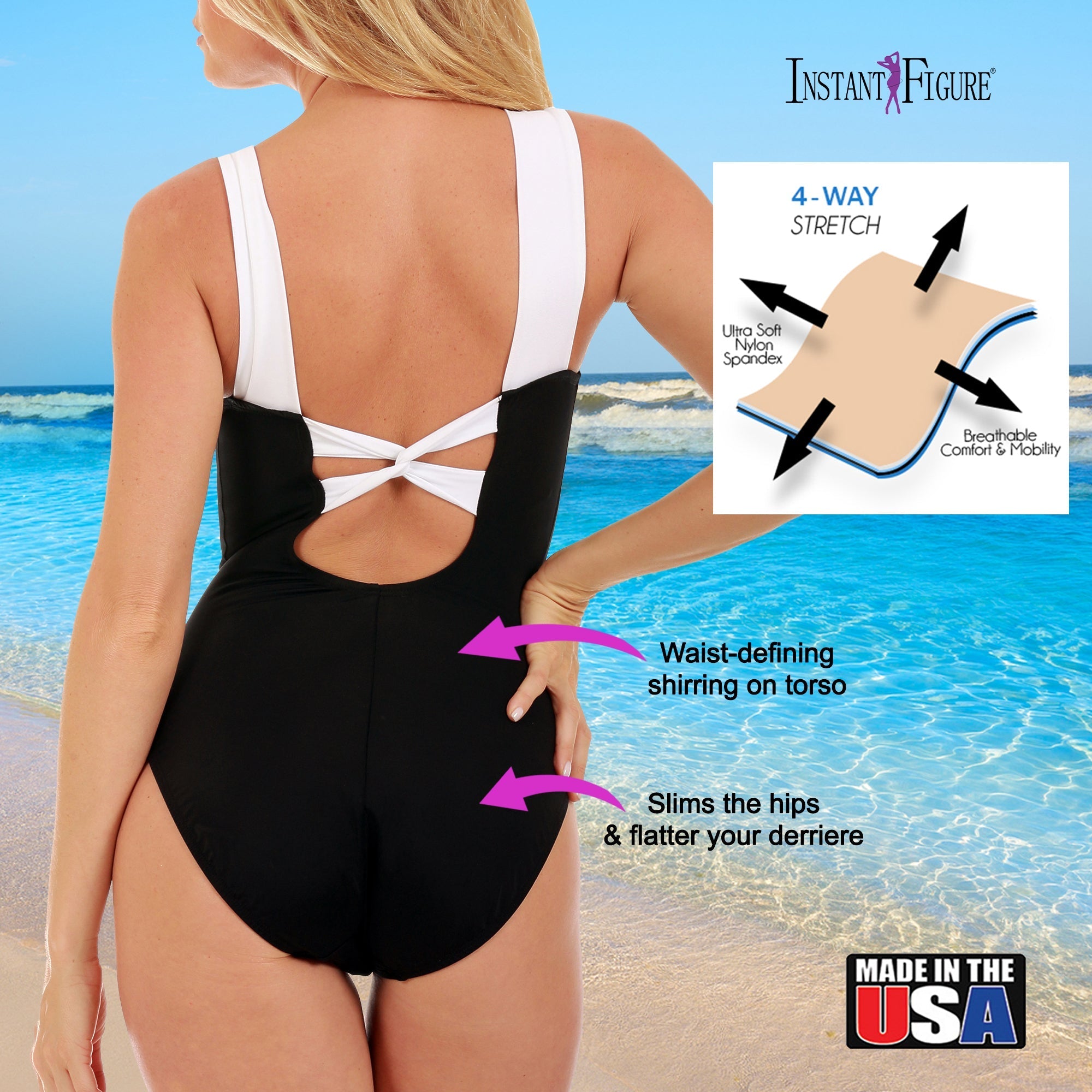InstantFigure Knotted Swimsuit Black/White | Ashley Stewart