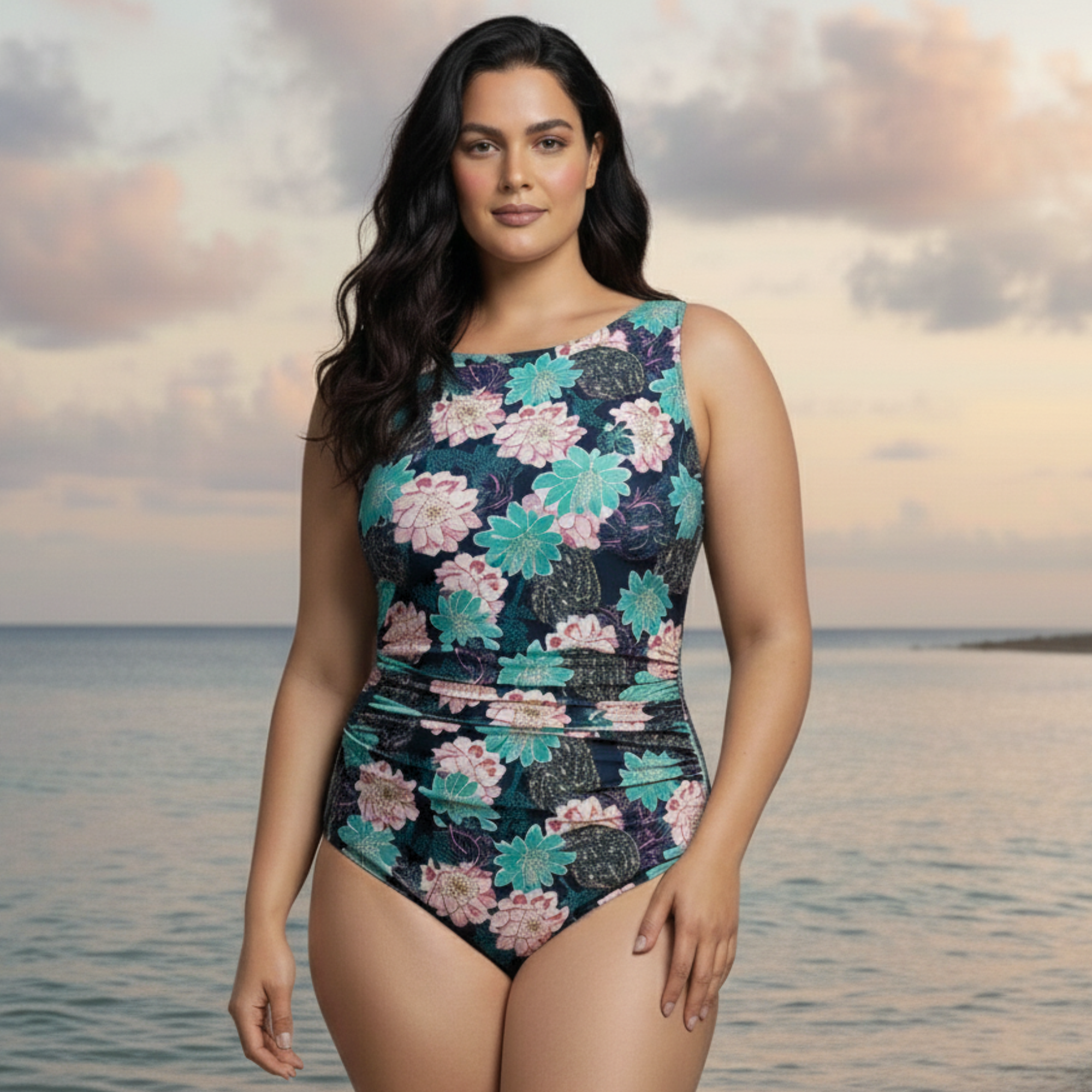 InstantFigure Succulent High Neck Swimsuit Print | Ashley Stewart