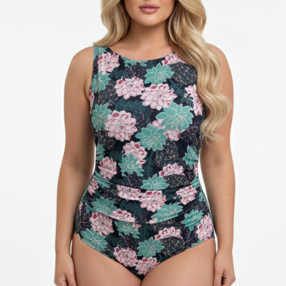 InstantFigure Succulent High Neck Swimsuit Print | Ashley Stewart