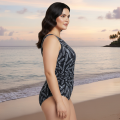 InstantFigure Feathers High Neck Swimsuit Black White | Ashley Stewart
