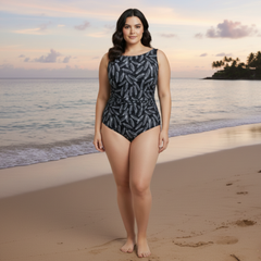 InstantFigure Feathers High Neck Swimsuit Black White | Ashley Stewart