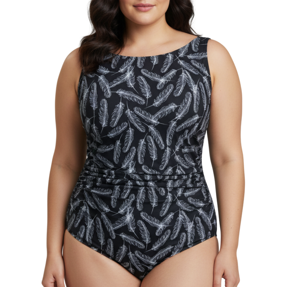 InstantFigure Feathers High Neck Swimsuit Black White | Ashley Stewart
