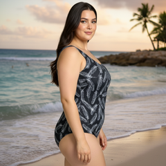 InstantFigure Feathers Scoop Back Swimsuit Black White | Ashley Stewart