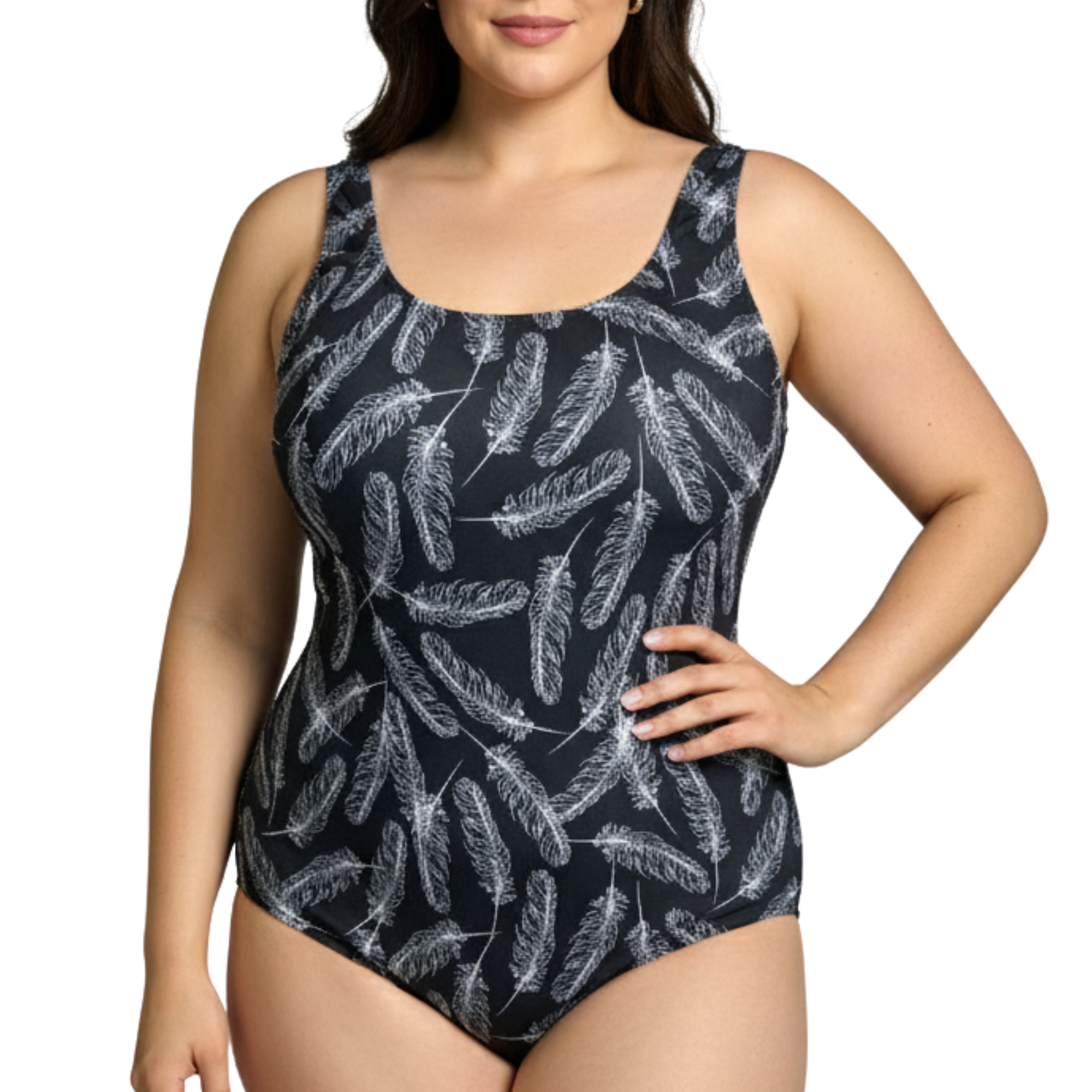InstantFigure Feathers Scoop Back Swimsuit Black White | Ashley Stewart