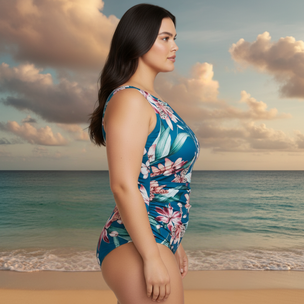 InstantFigure Orchid High Neck Swimsuit Blue | Ashley Stewart