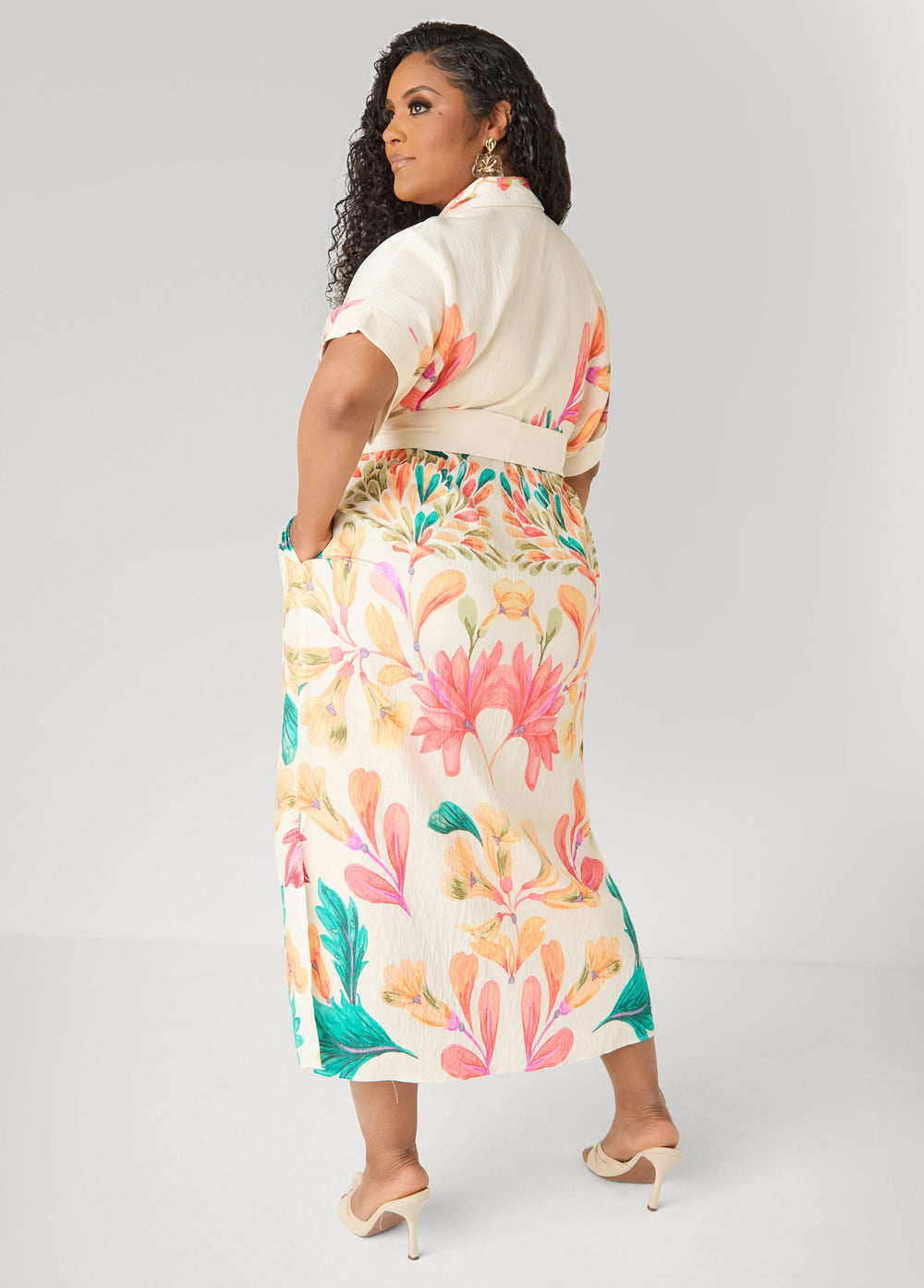 Floral Print Maxi Shirtdress Calypso Coral | Ashley Stewart