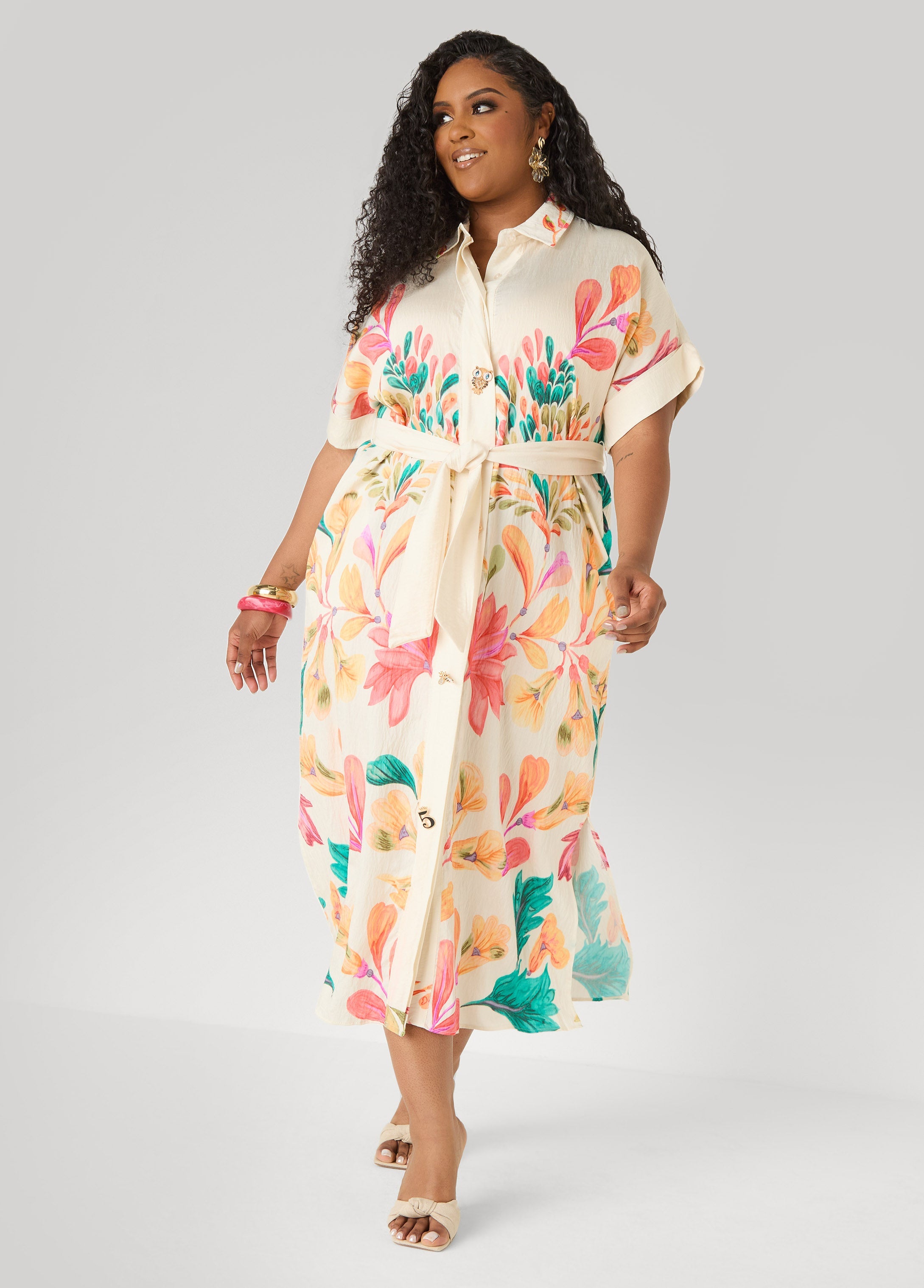 Floral Print Maxi Shirtdress Calypso Coral | Ashley Stewart
